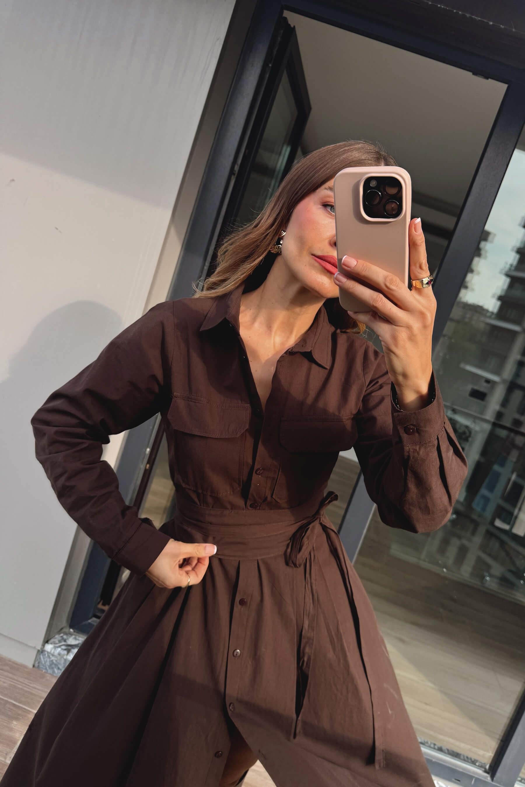 Acı Kahve Korseli Cep Detaylı Maxi Gömlek Elbise