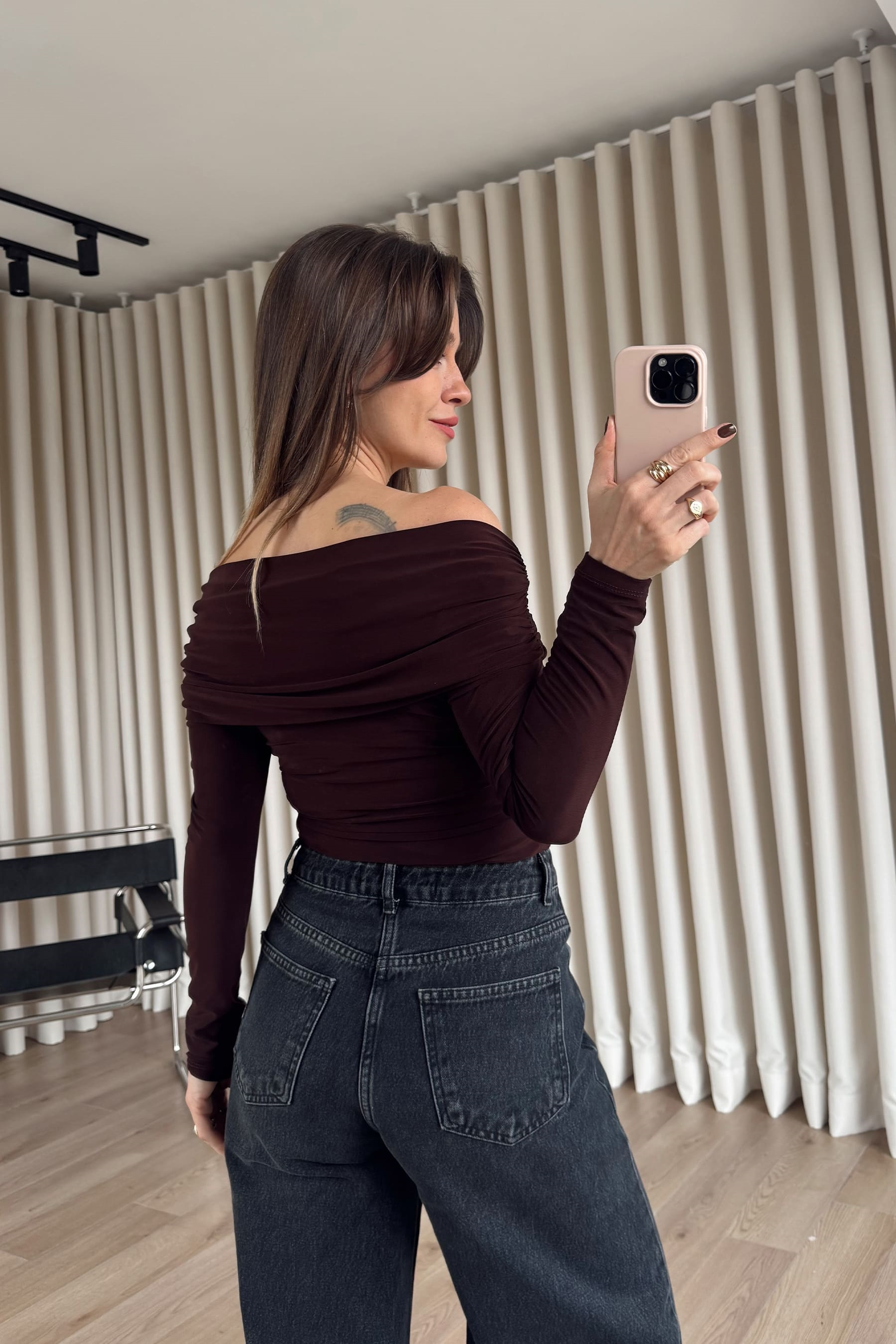 Acı Kahve Omuzdan Çapraz Drapeli Bluz