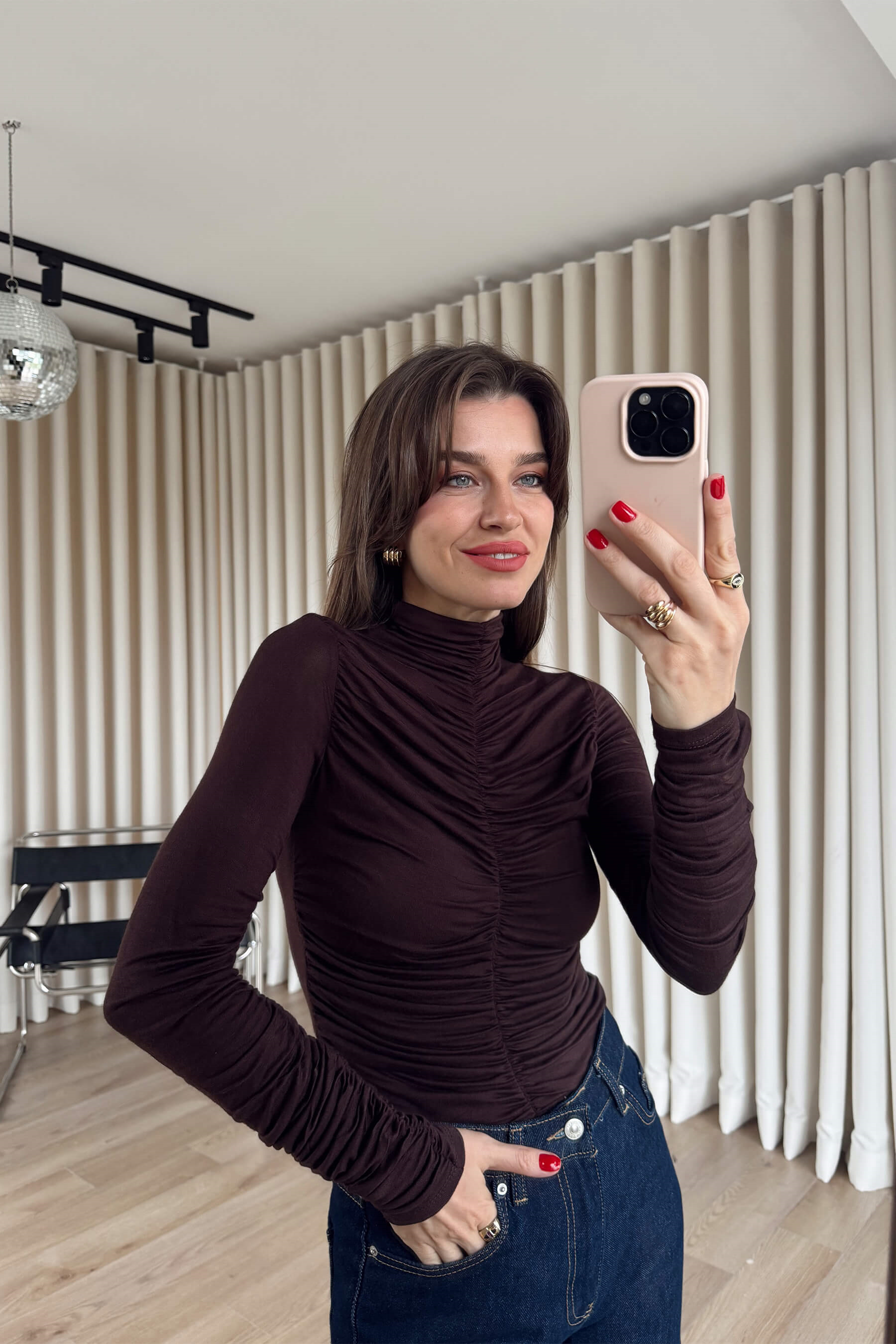 Acı Kahve Önü ve Kolu Drapeli Bluz