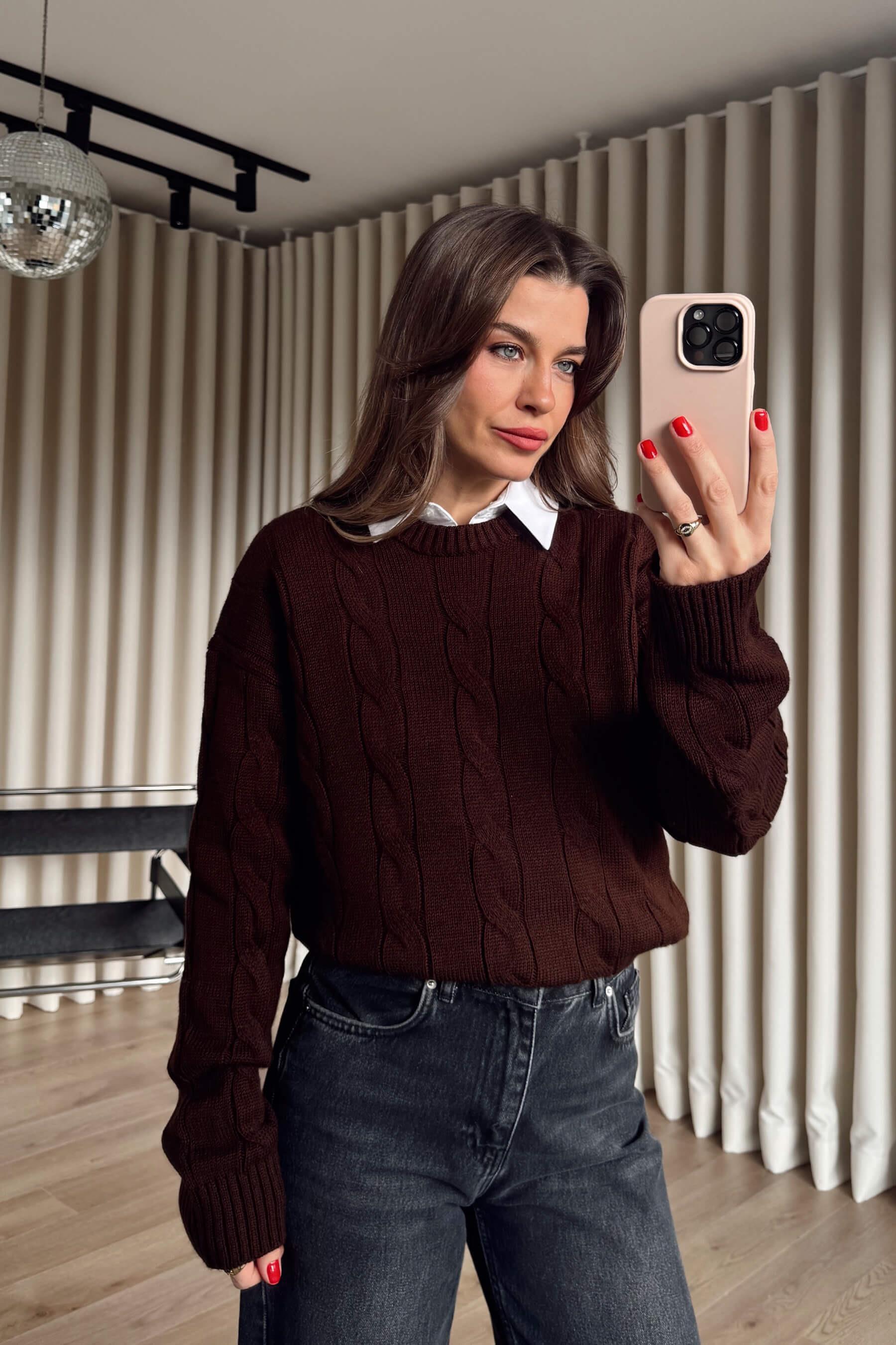 Acı Kahve Örgü Model Triko Kazak