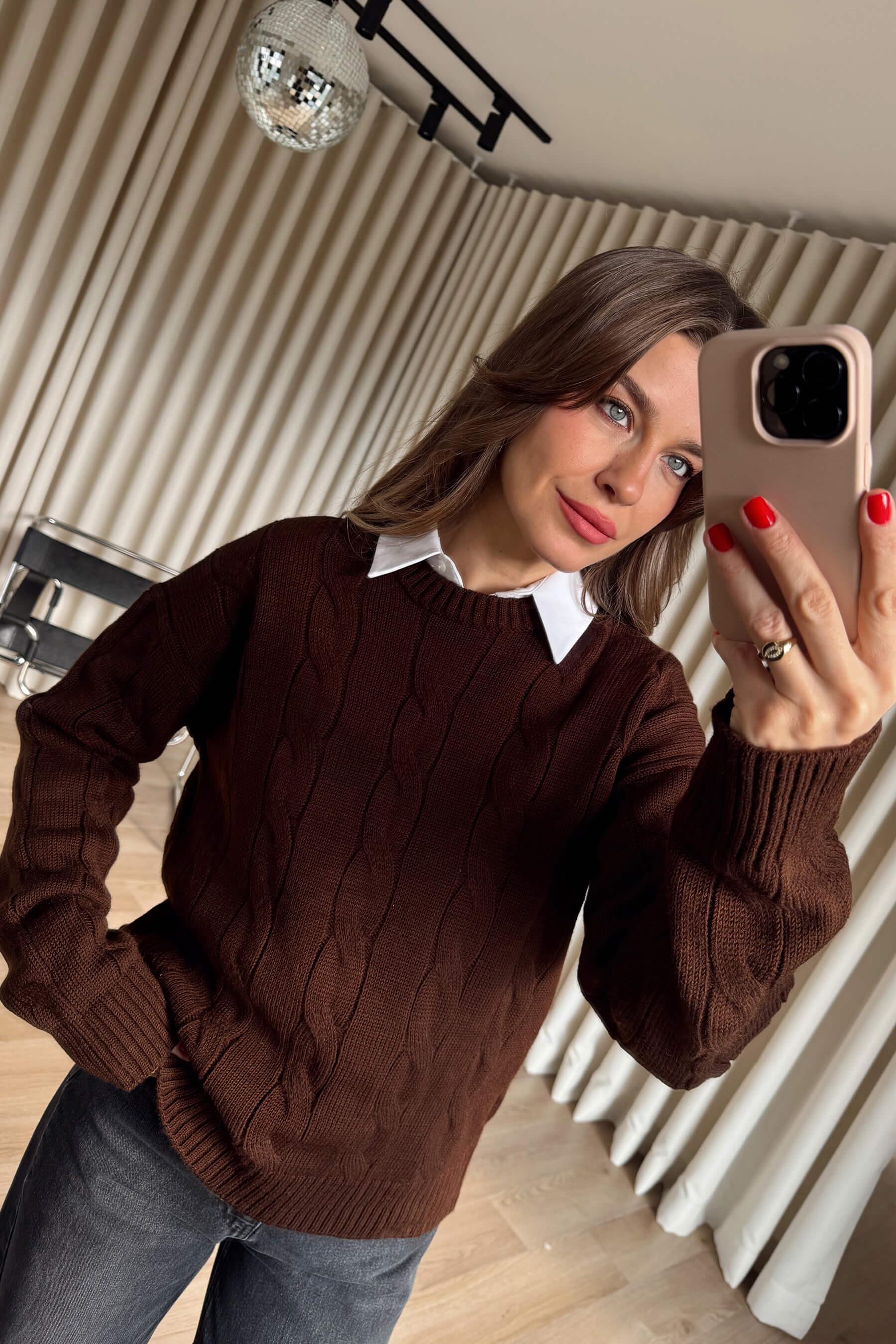 Acı Kahve Örgü Model Triko Kazak