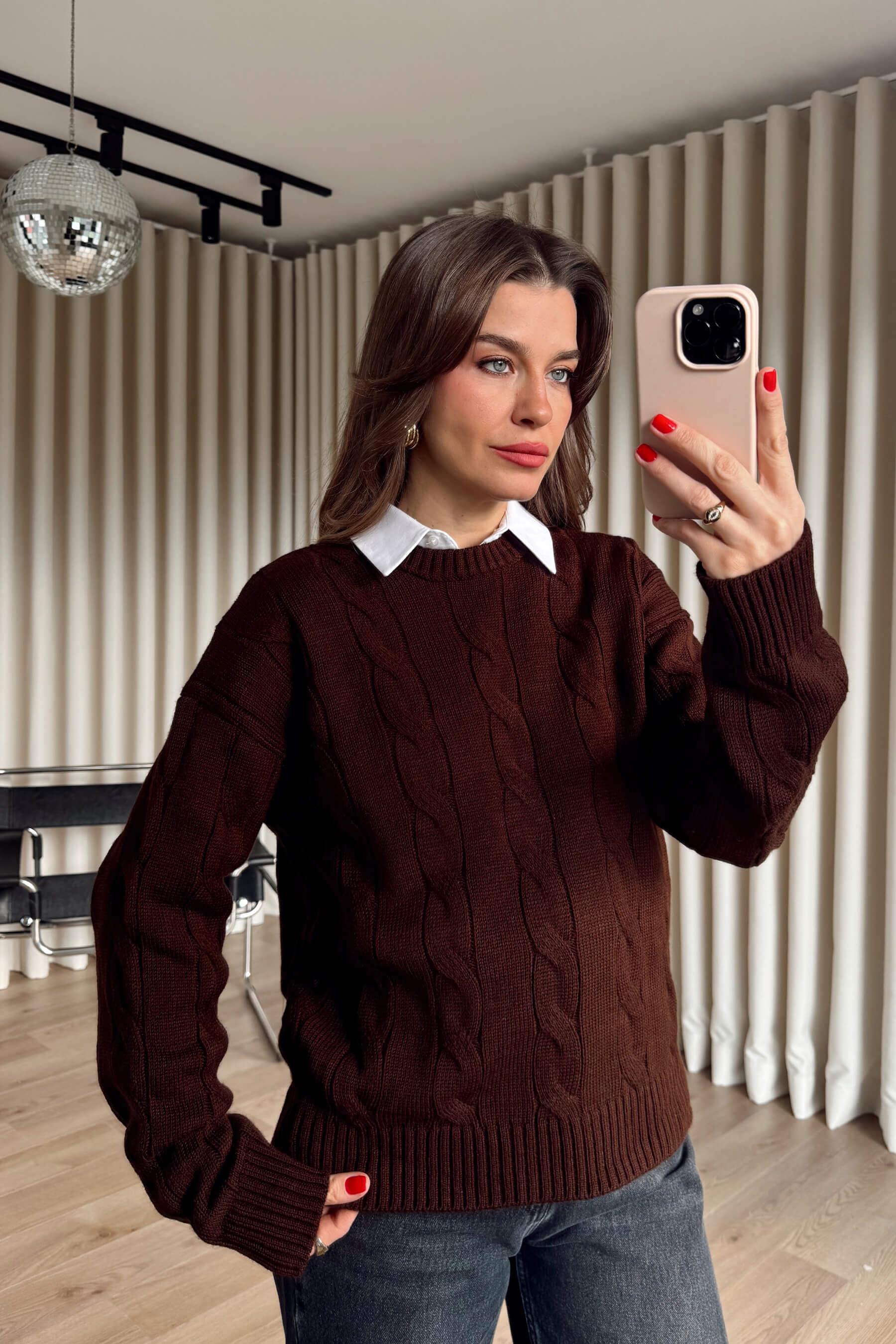 Acı Kahve Örgü Model Triko Kazak