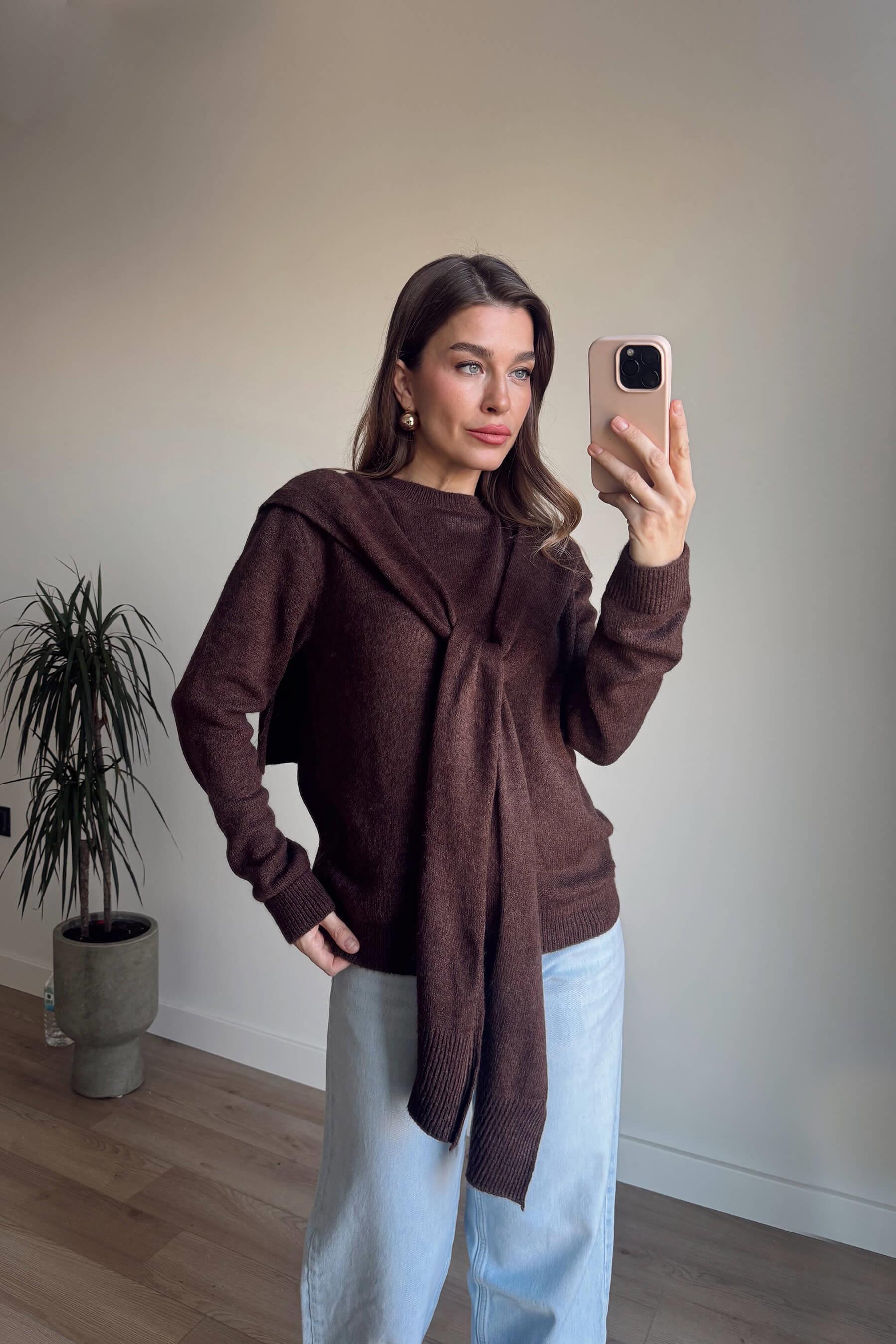 Acı Kahve Şal Detaylı Triko Kazak