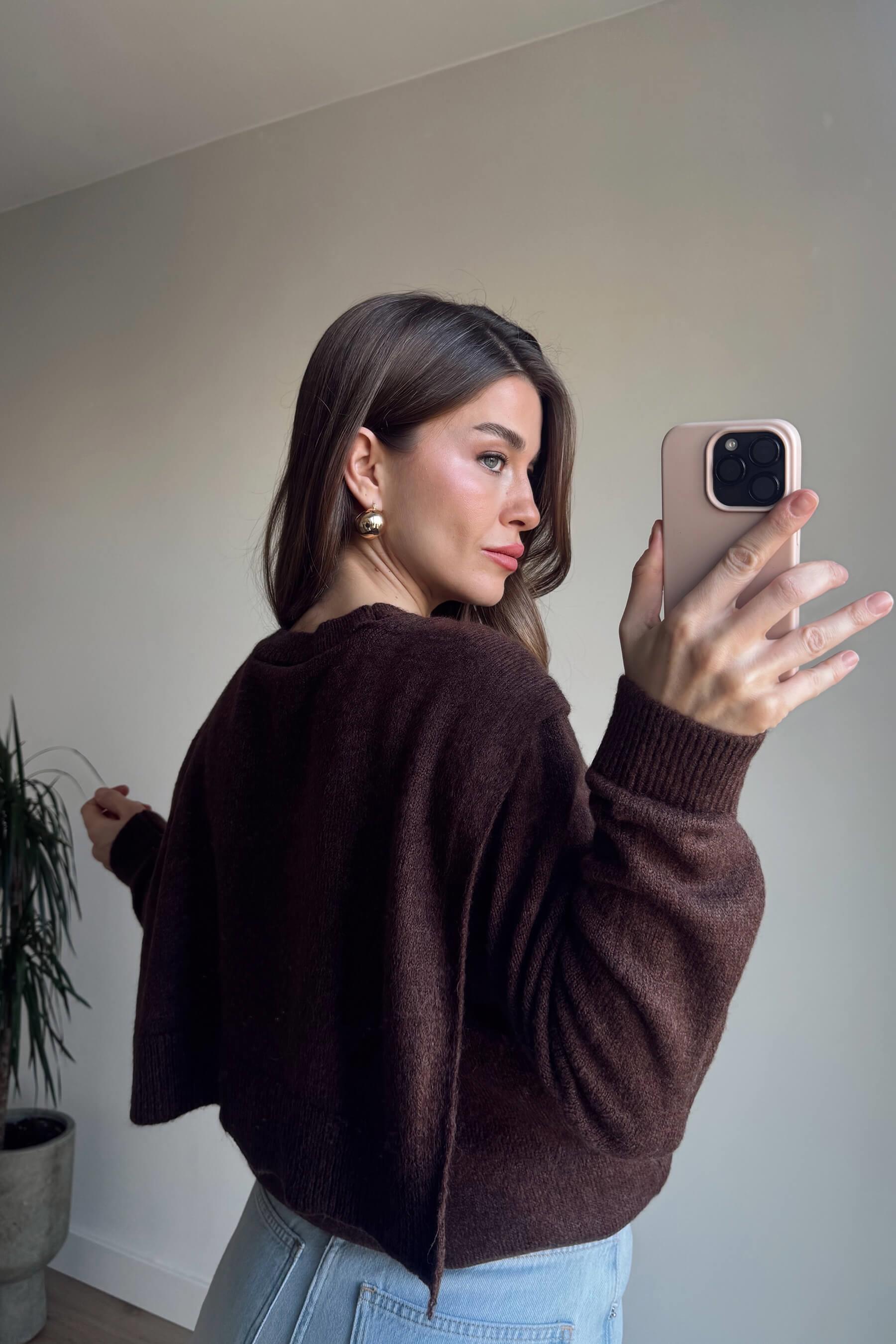 Acı Kahve Şal Detaylı Triko Kazak