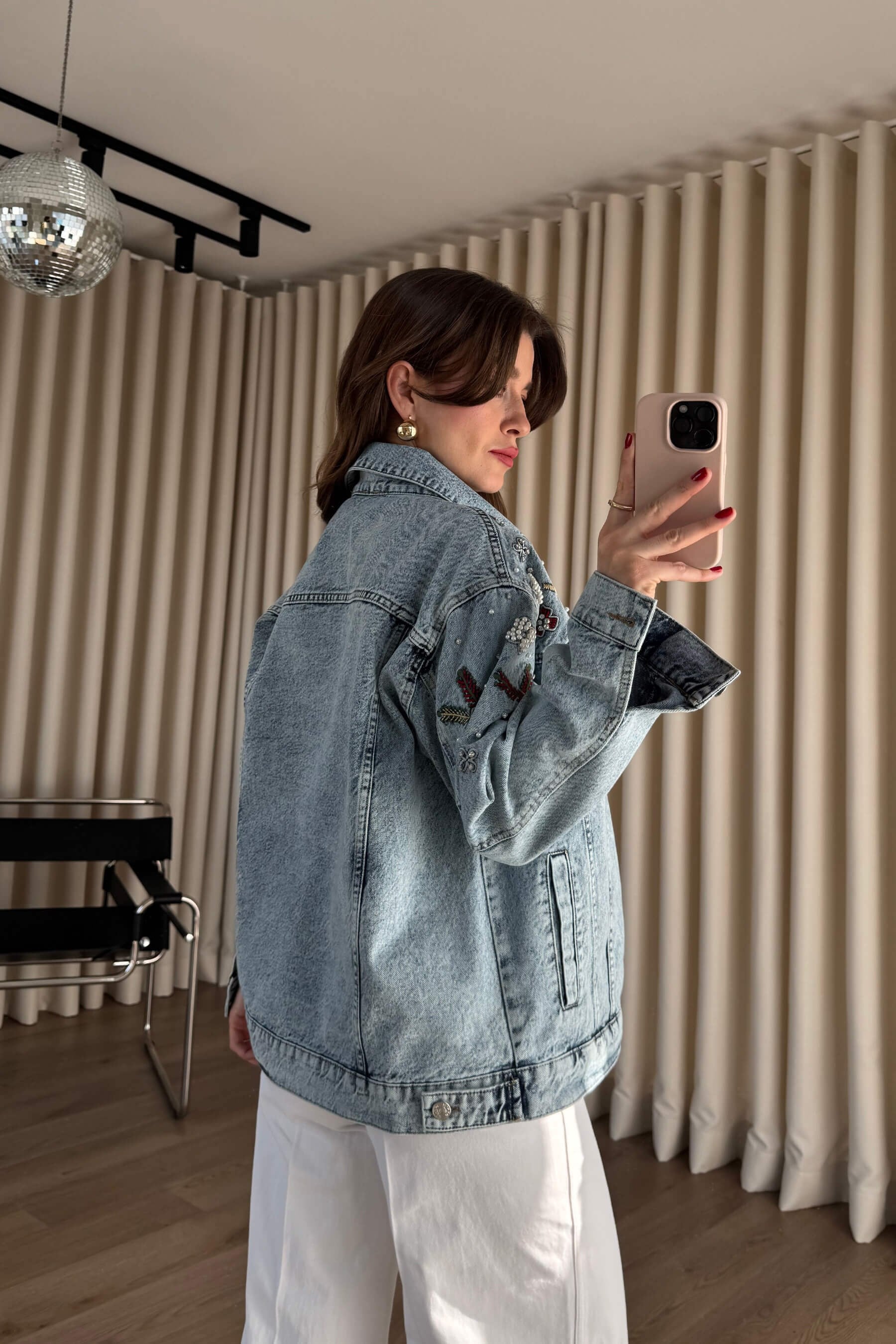 Açık Mavi Önü Boncuk İşlemeli Oversize Kot Ceket