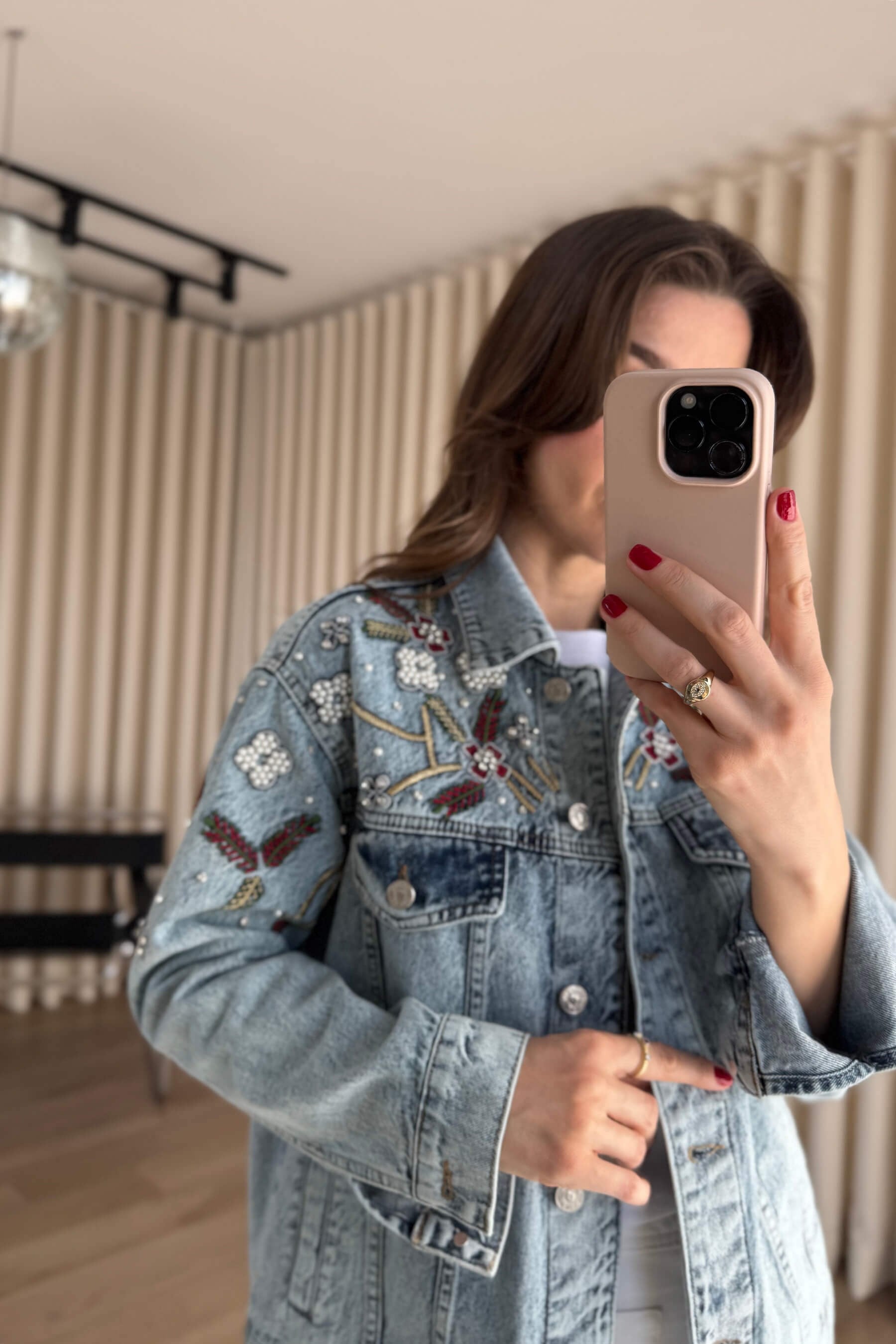 Açık Mavi Önü Boncuk İşlemeli Oversize Kot Ceket