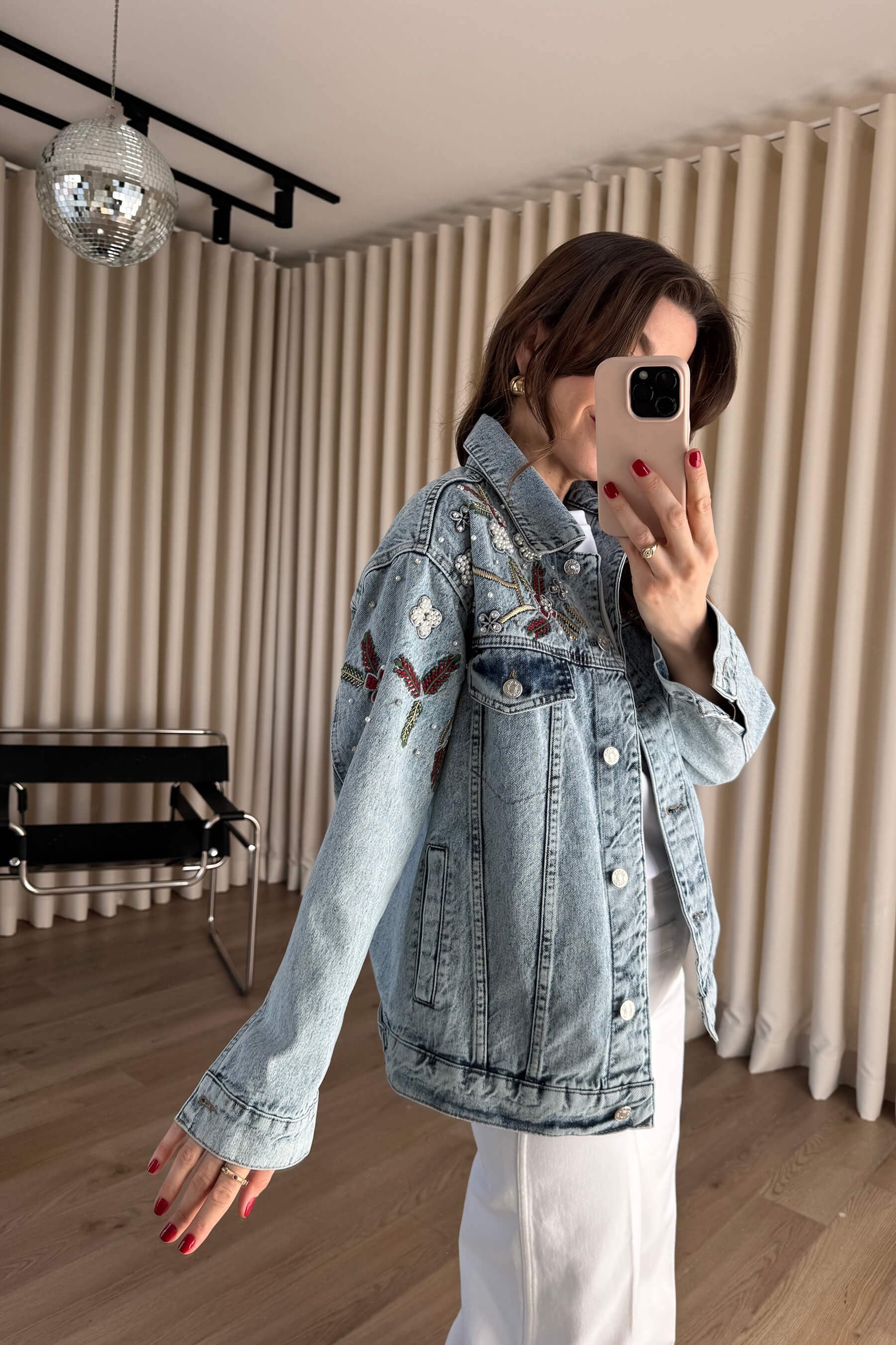 Açık Mavi Önü Boncuk İşlemeli Oversize Kot Ceket