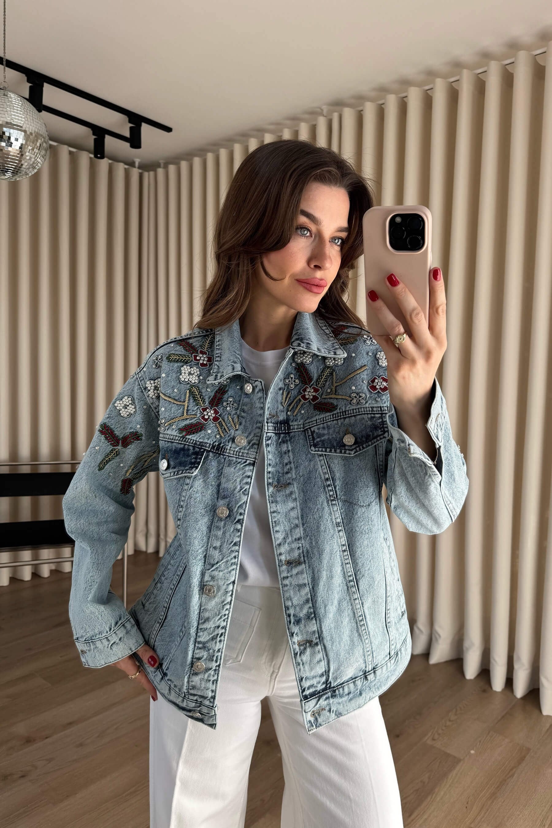 Açık Mavi Önü Boncuk İşlemeli Oversize Kot Ceket