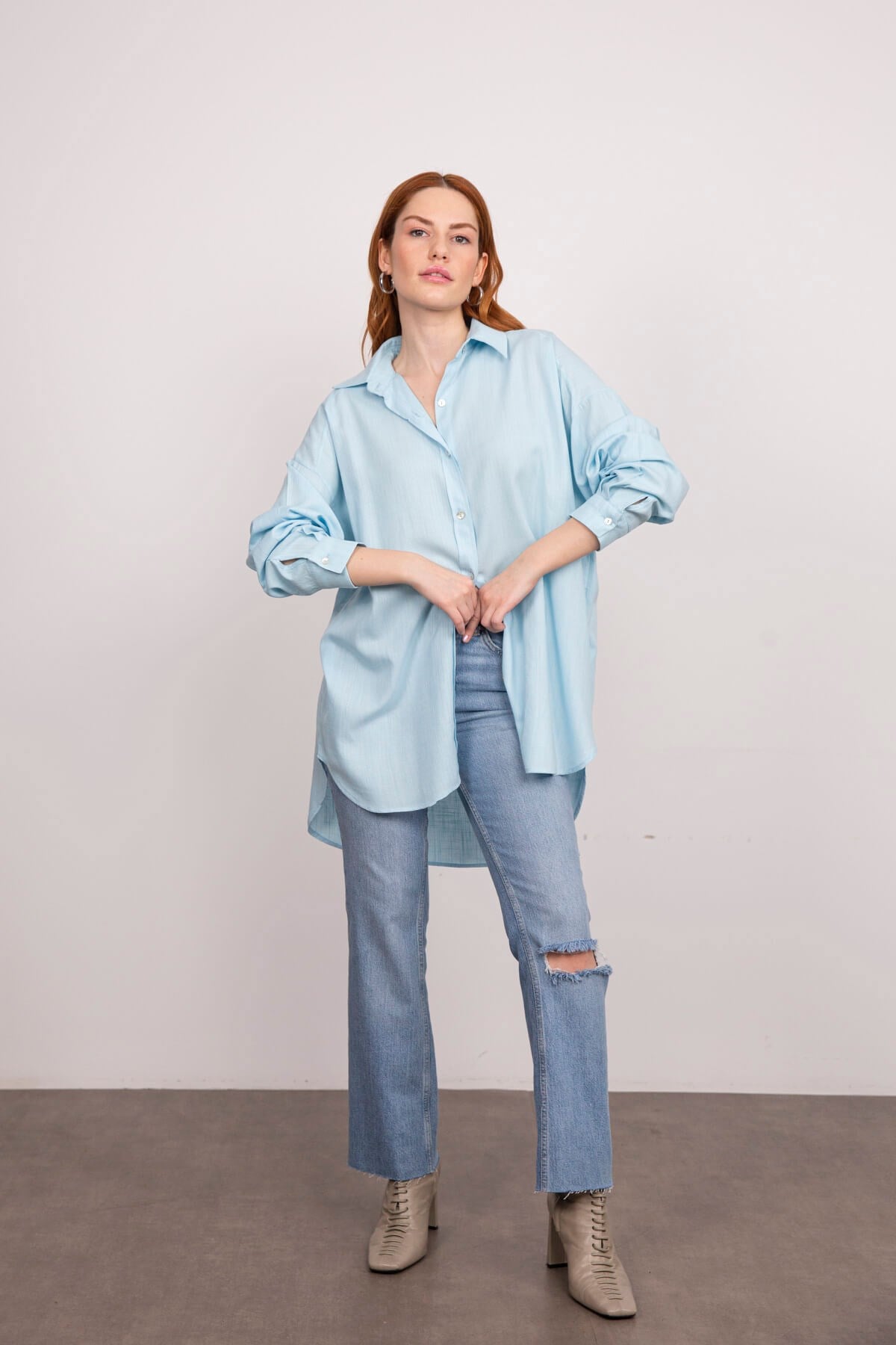 Açık Mavi Oversize Pamuklu Gömlek