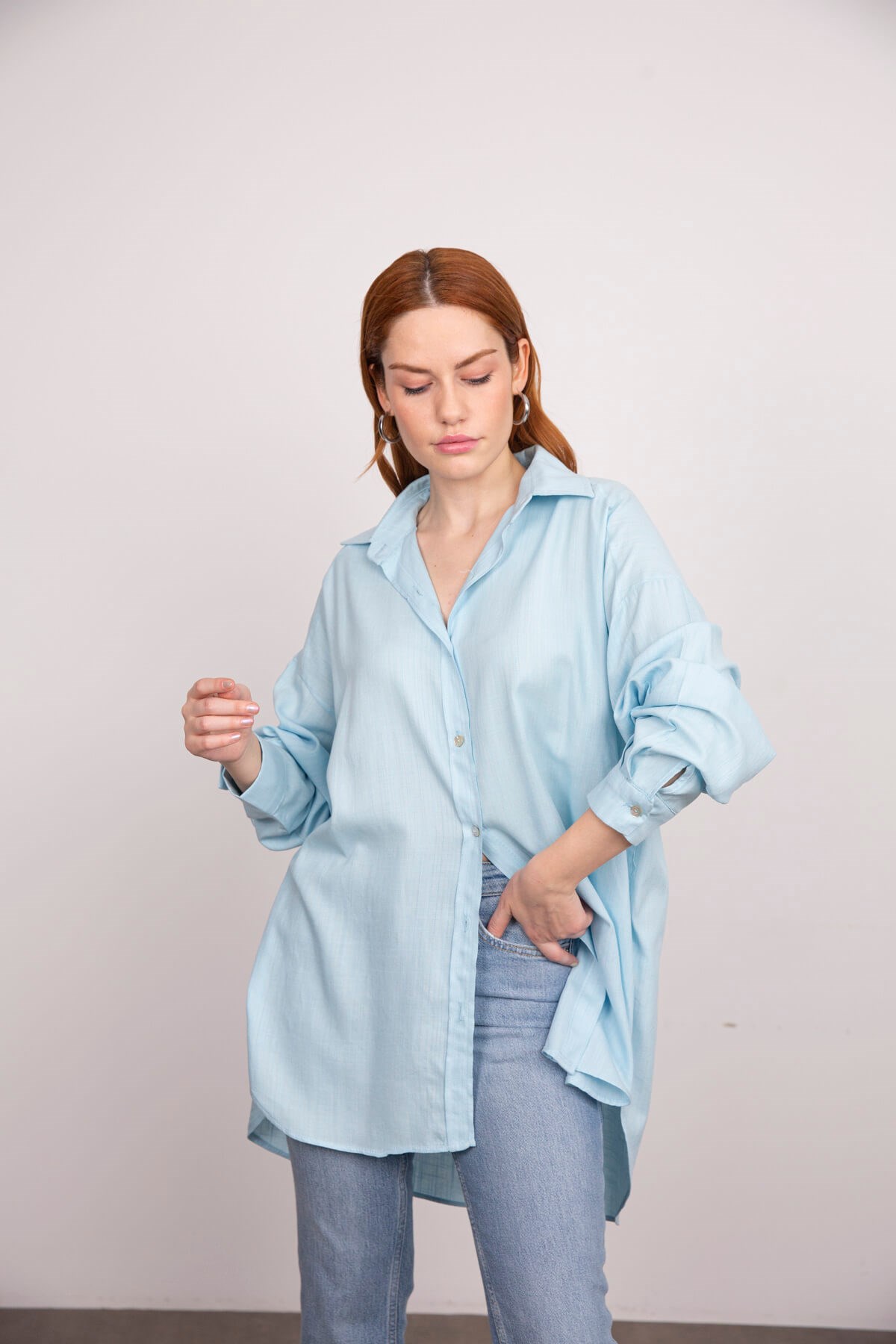 Açık Mavi Oversize Pamuklu Gömlek