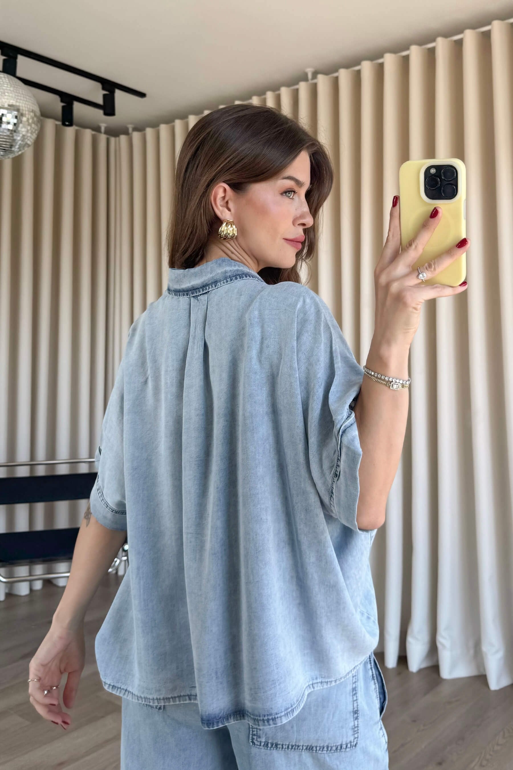Açık Mavi Paçaları Lastikli Jean Gömlek Pantolon Takım