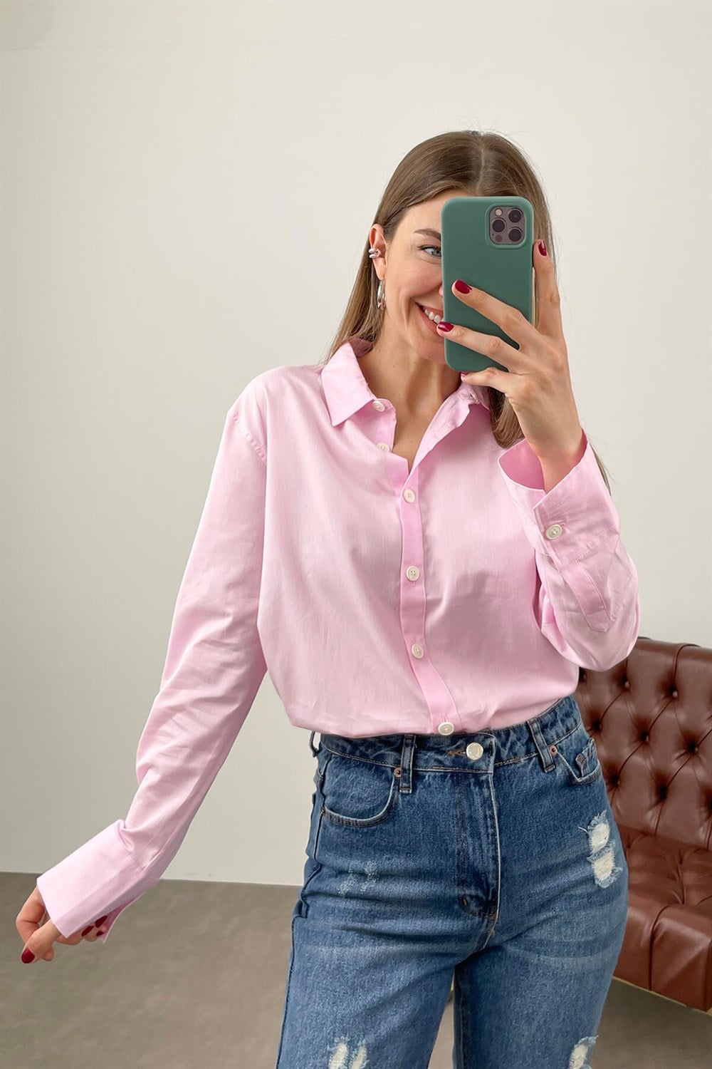 Açık Pembe Pamuklu Gömlek