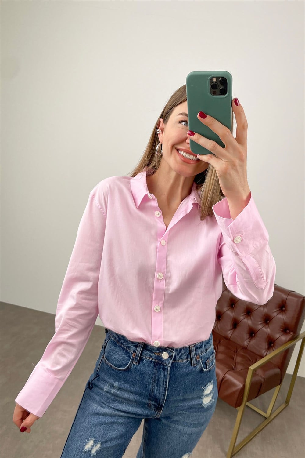 Açık Pembe Pamuklu Gömlek