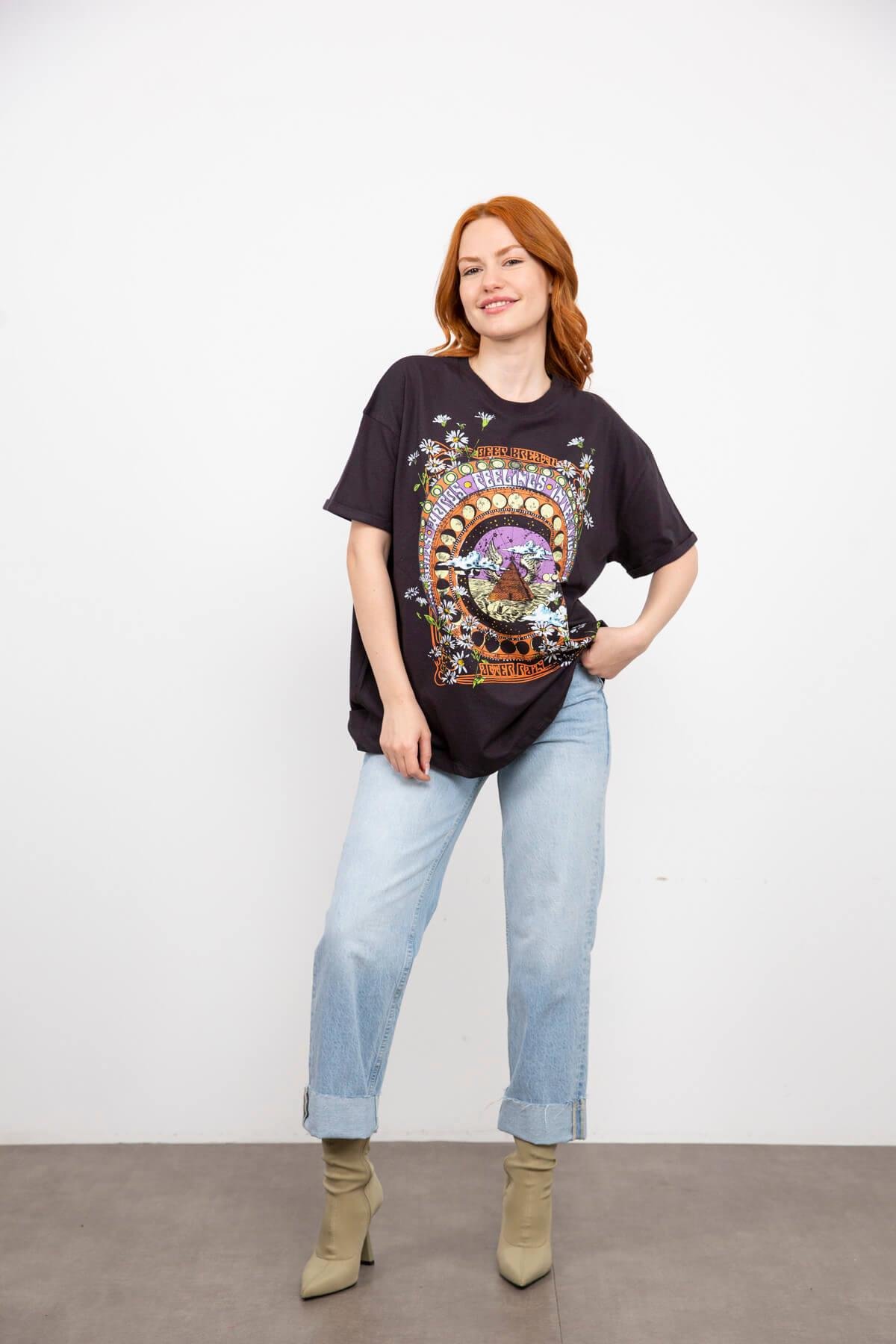 Antrasit Astroloji Desen Baskılı T-Shirt
