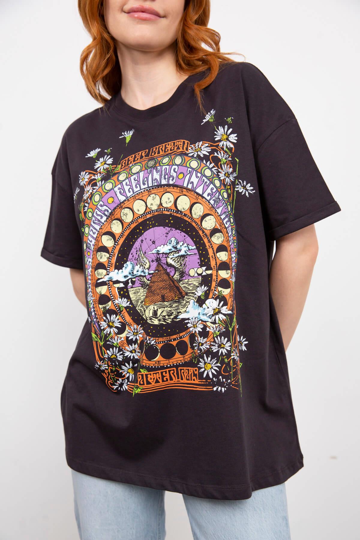 Antrasit Astroloji Desen Baskılı T-Shirt