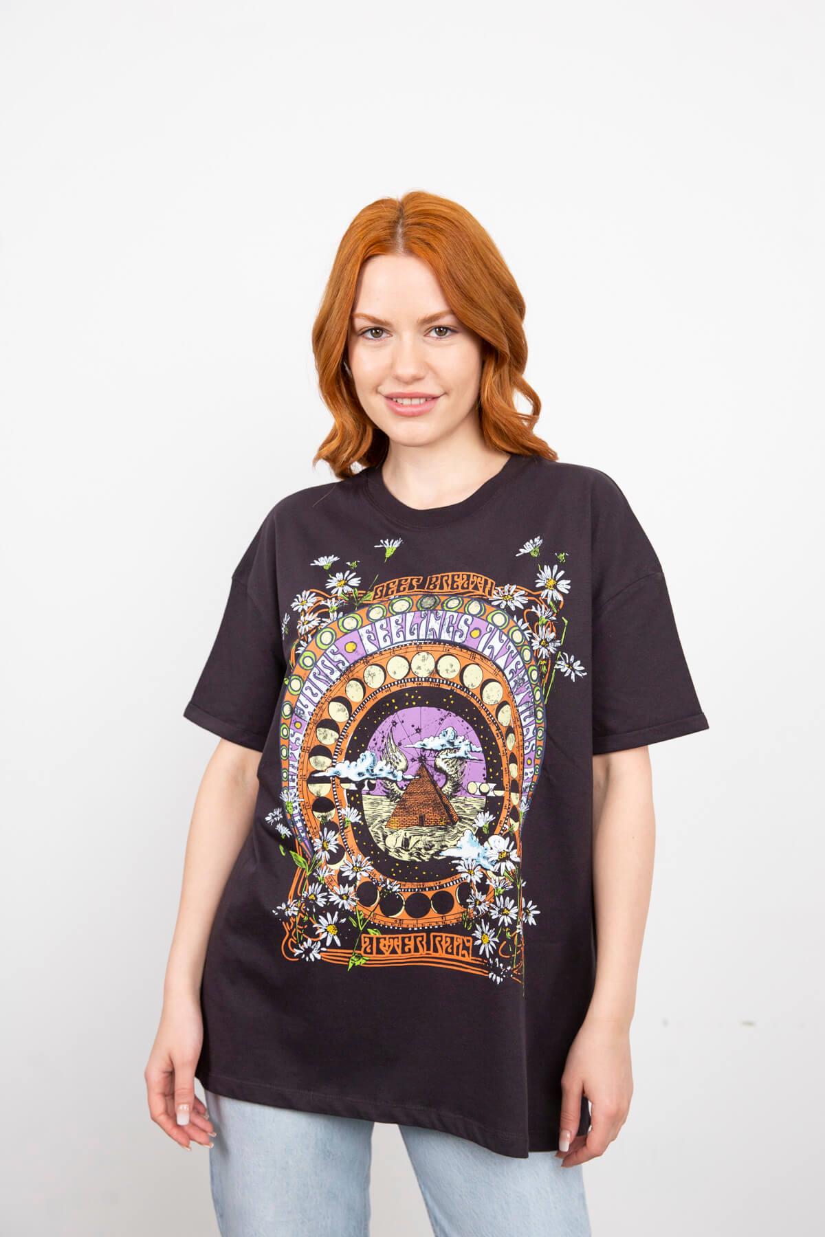 Antrasit Astroloji Desen Baskılı T-Shirt