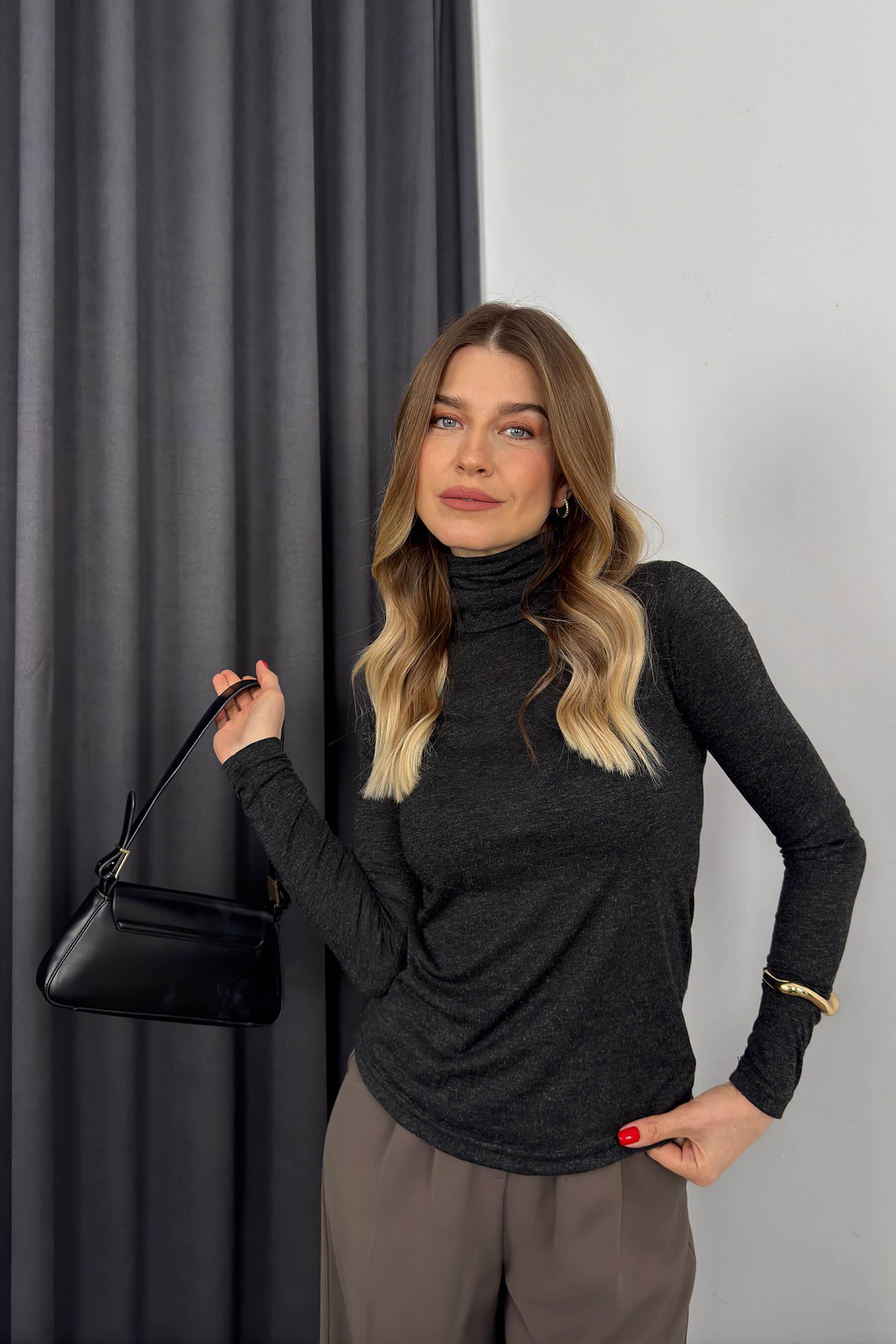 Antrasit Balıkçı Yaka Simli Body Bluz