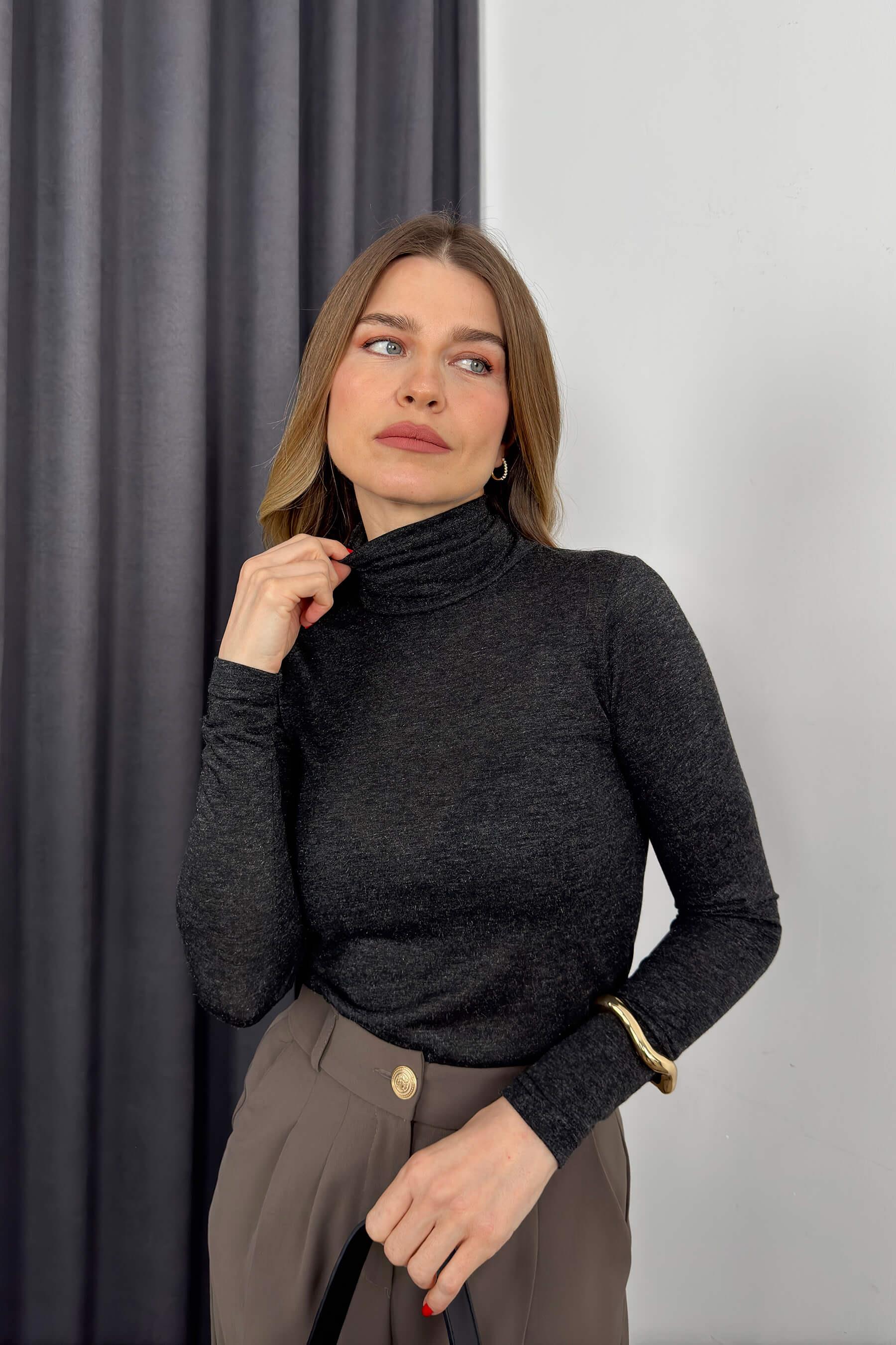 Antrasit Balıkçı Yaka Simli Body Bluz