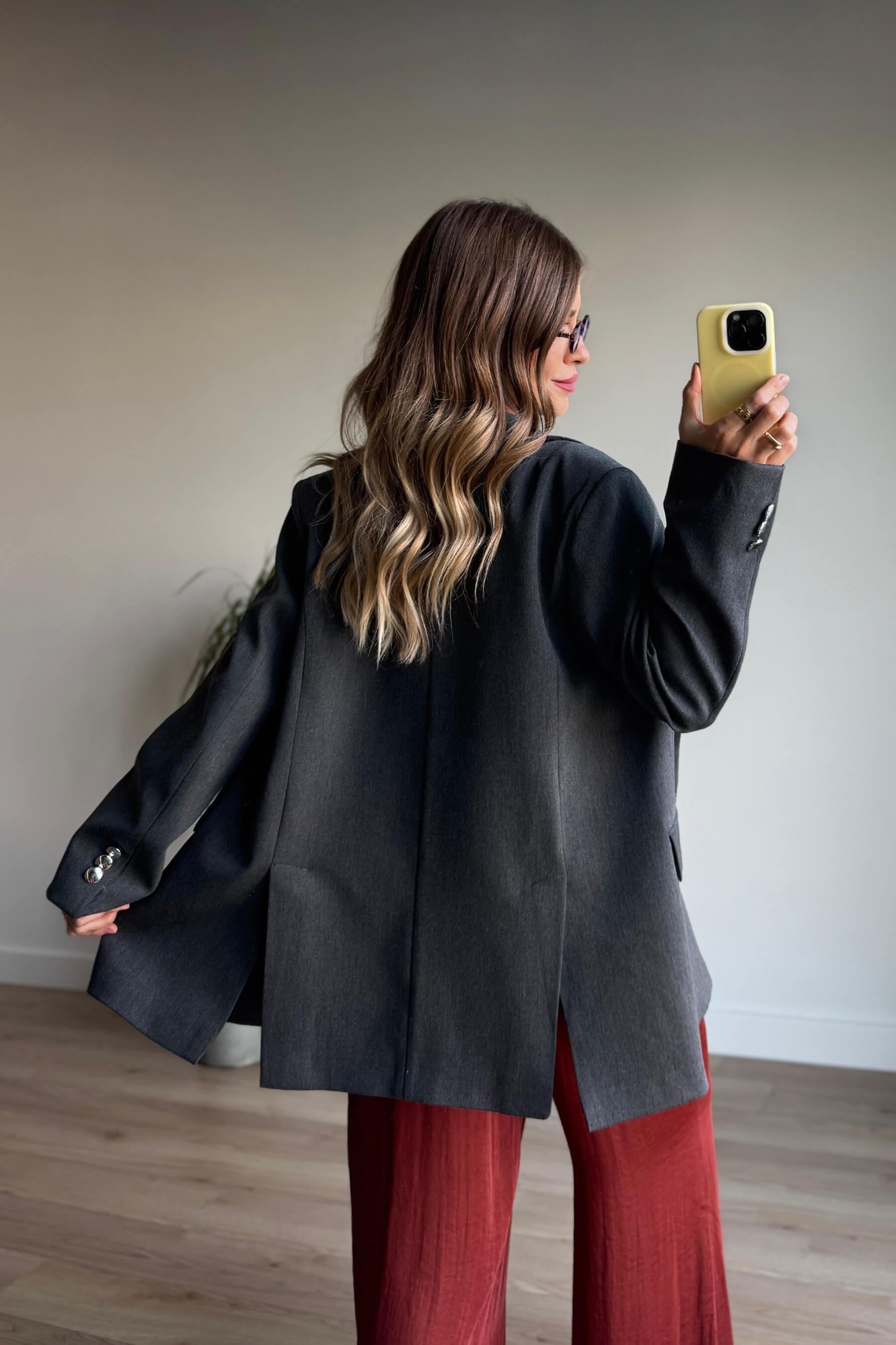 Antrasit Gümüş Düğmeli Astarlı Blazer Ceket