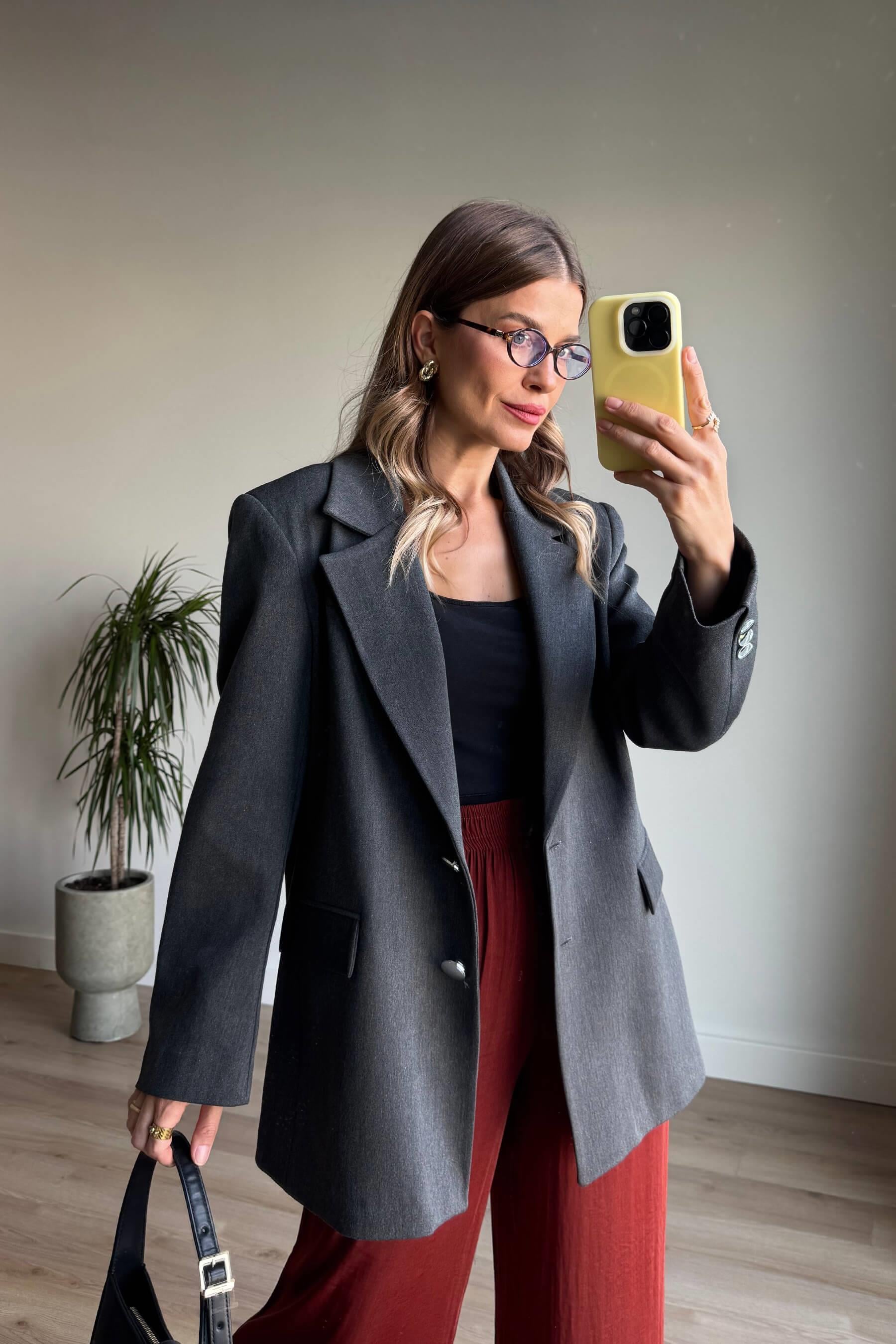 Antrasit Gümüş Düğmeli Astarlı Blazer Ceket