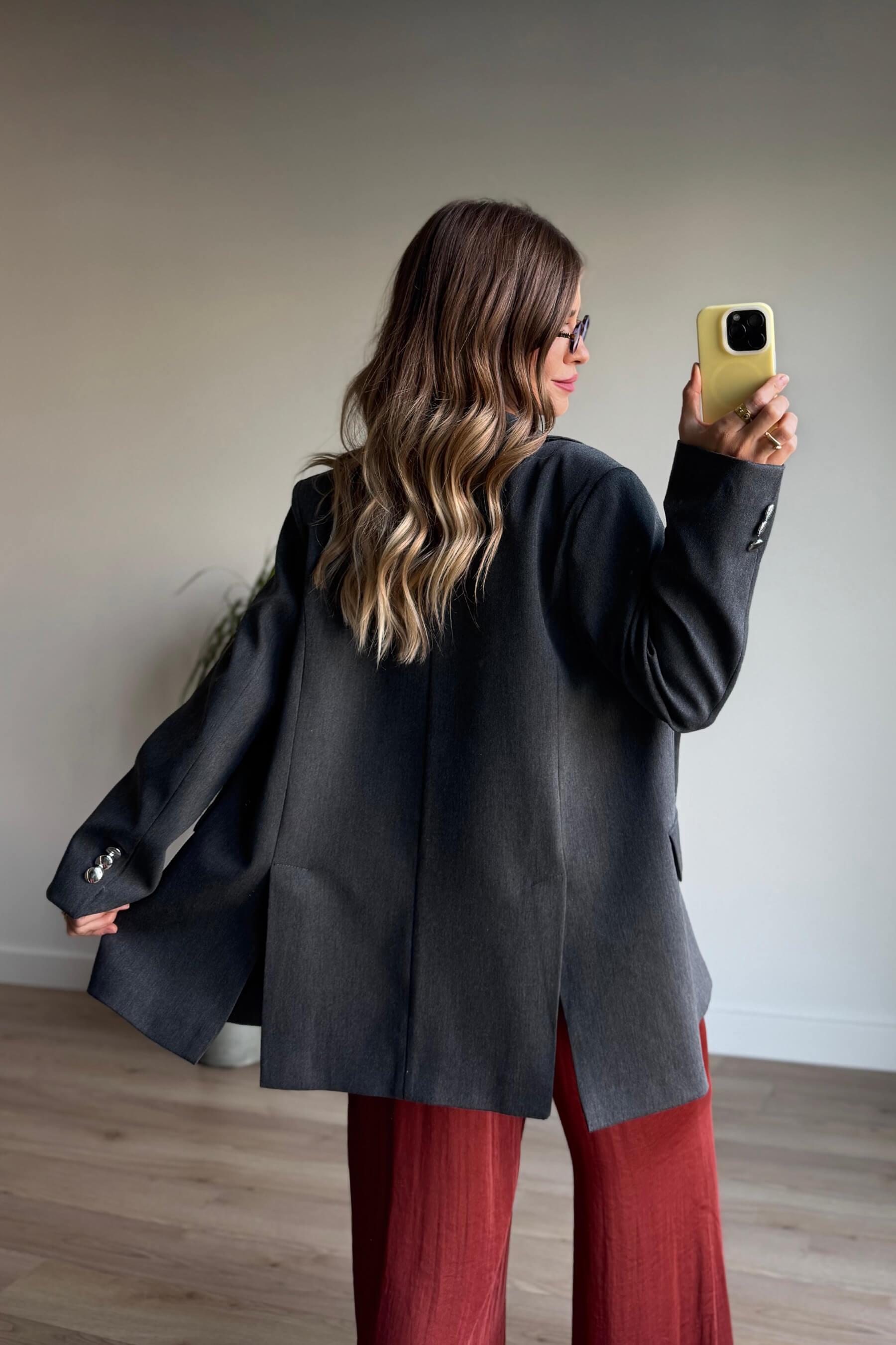 Antrasit Gümüş Düğmeli Astarlı Blazer Ceket