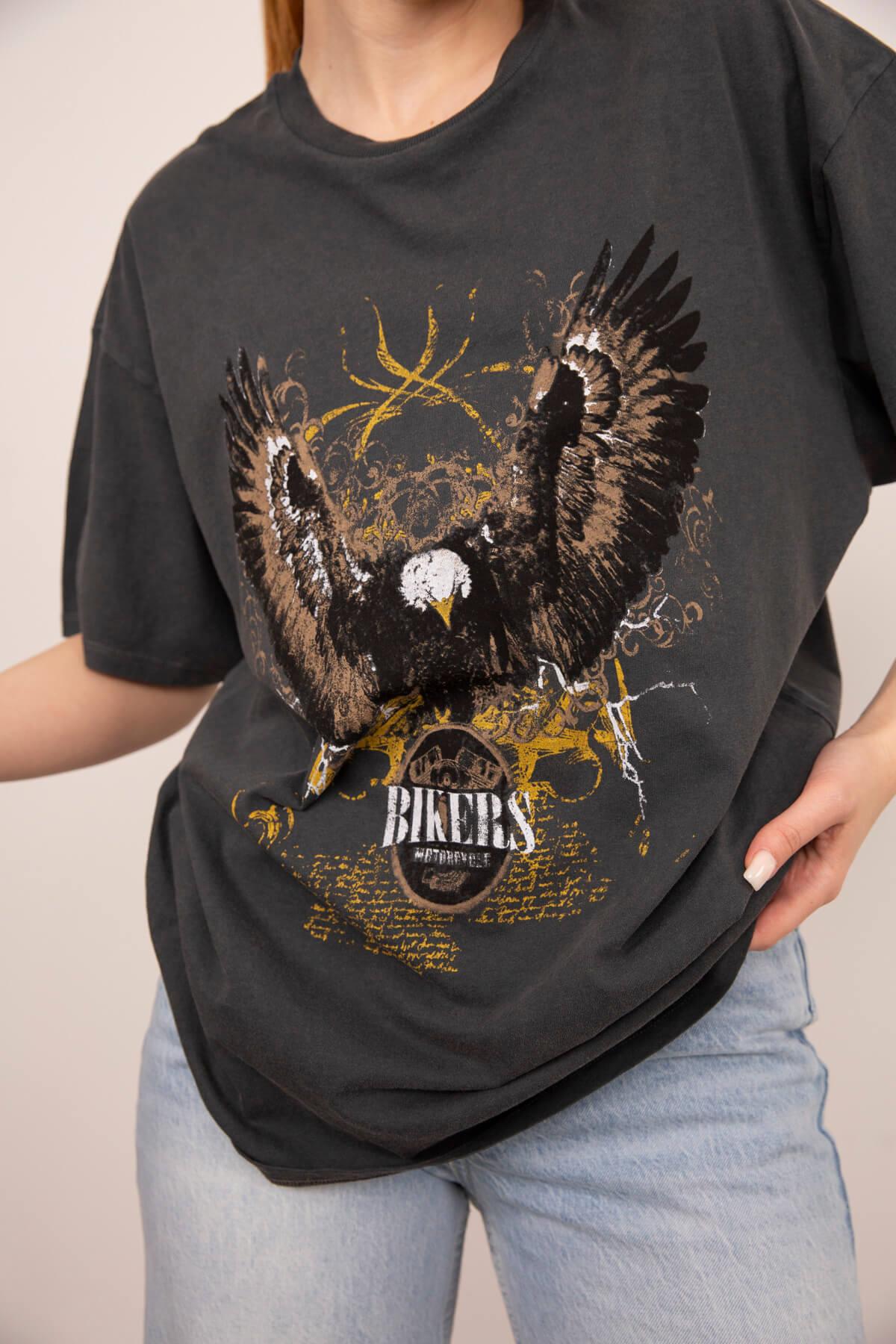 Antrasit Kartal Baskılı Oversize T-Shirt