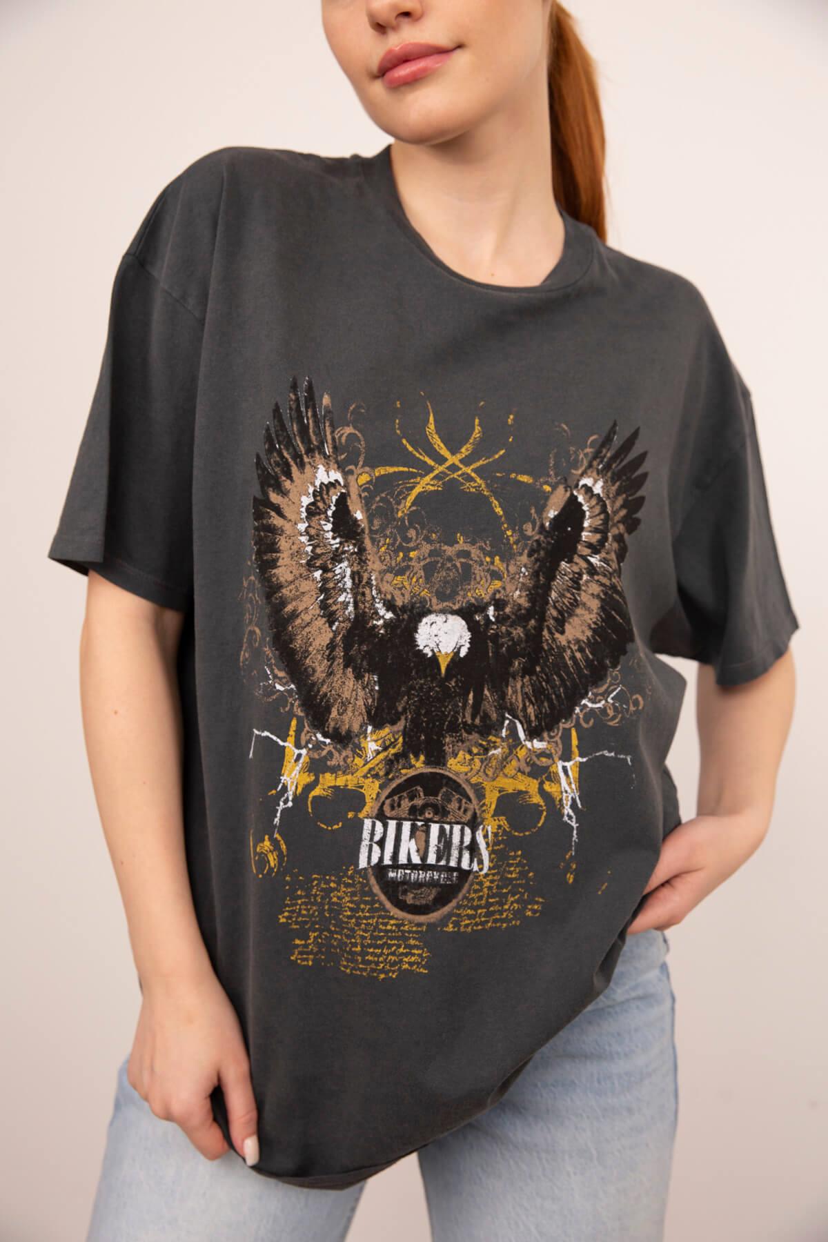 Antrasit Kartal Baskılı Oversize T-Shirt