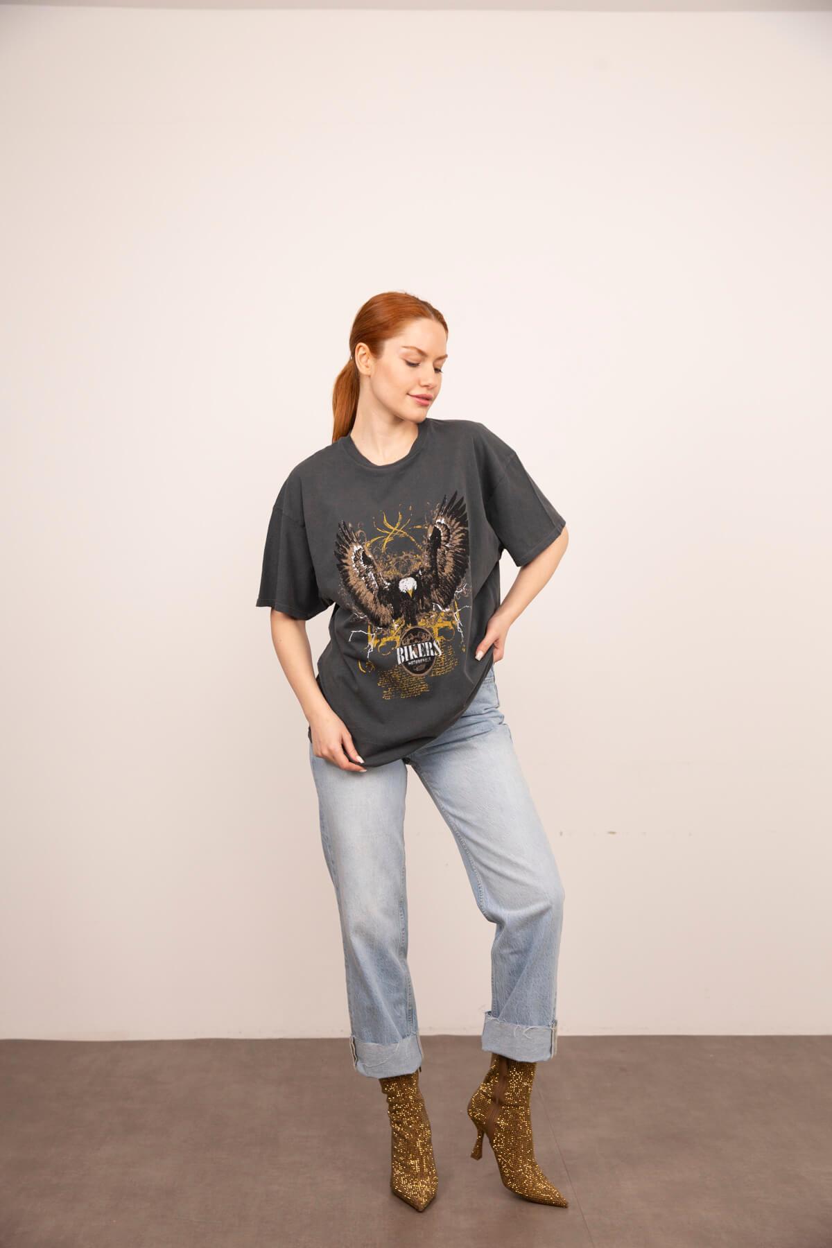 Antrasit Kartal Baskılı Oversize T-Shirt