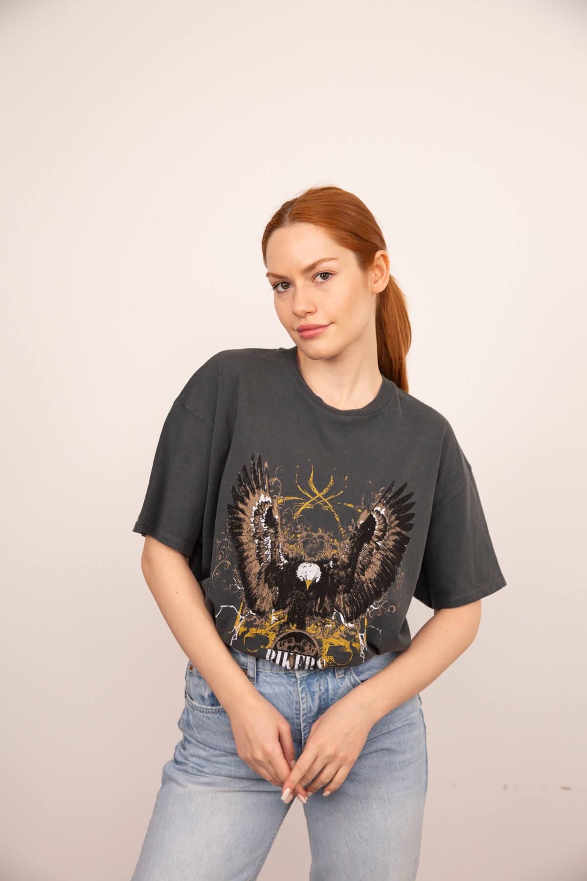 Antrasit Kartal Baskılı Oversize T-Shirt