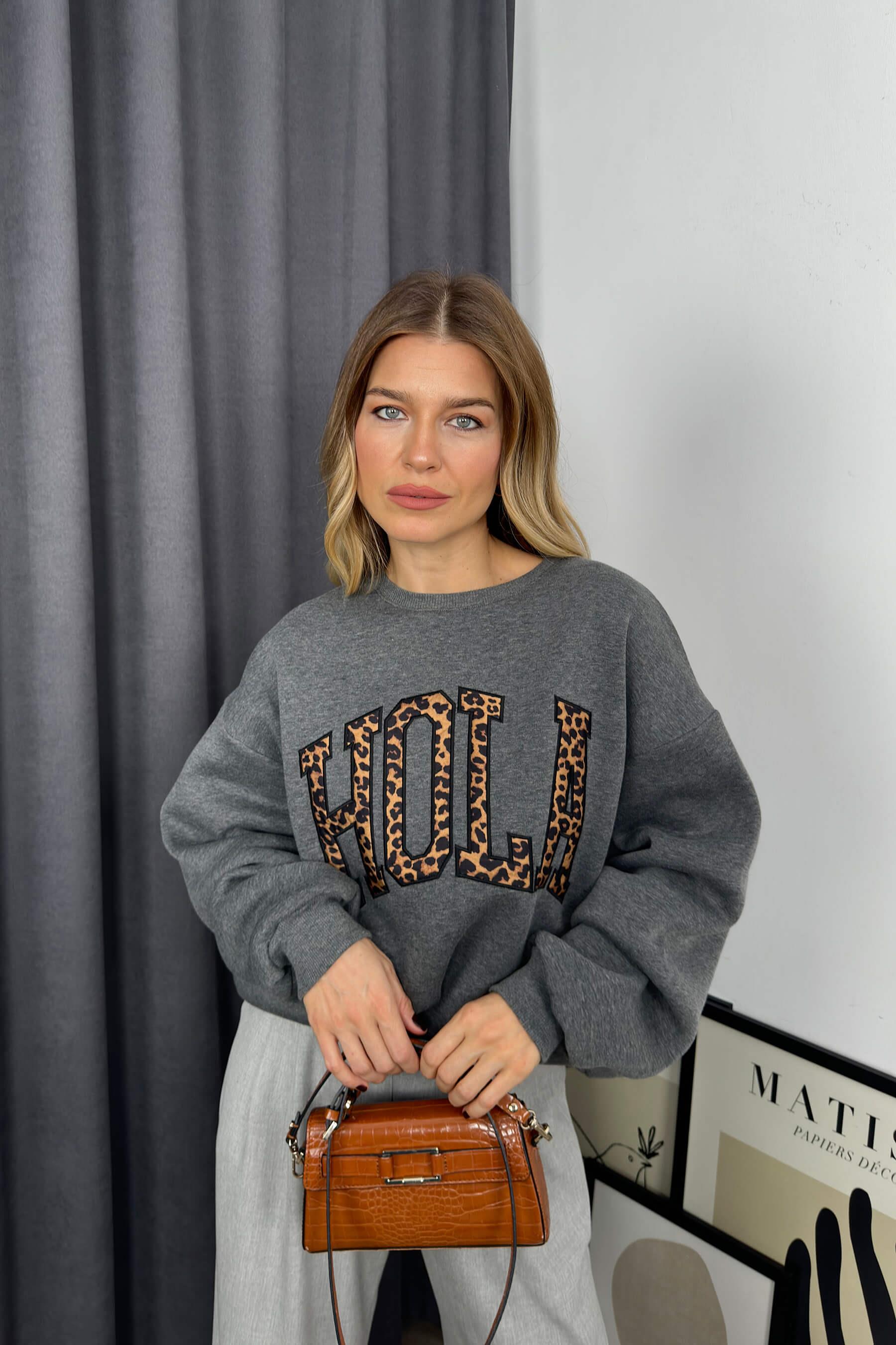 Antrasit Leopar Yazılı Oversize Sweatshirt