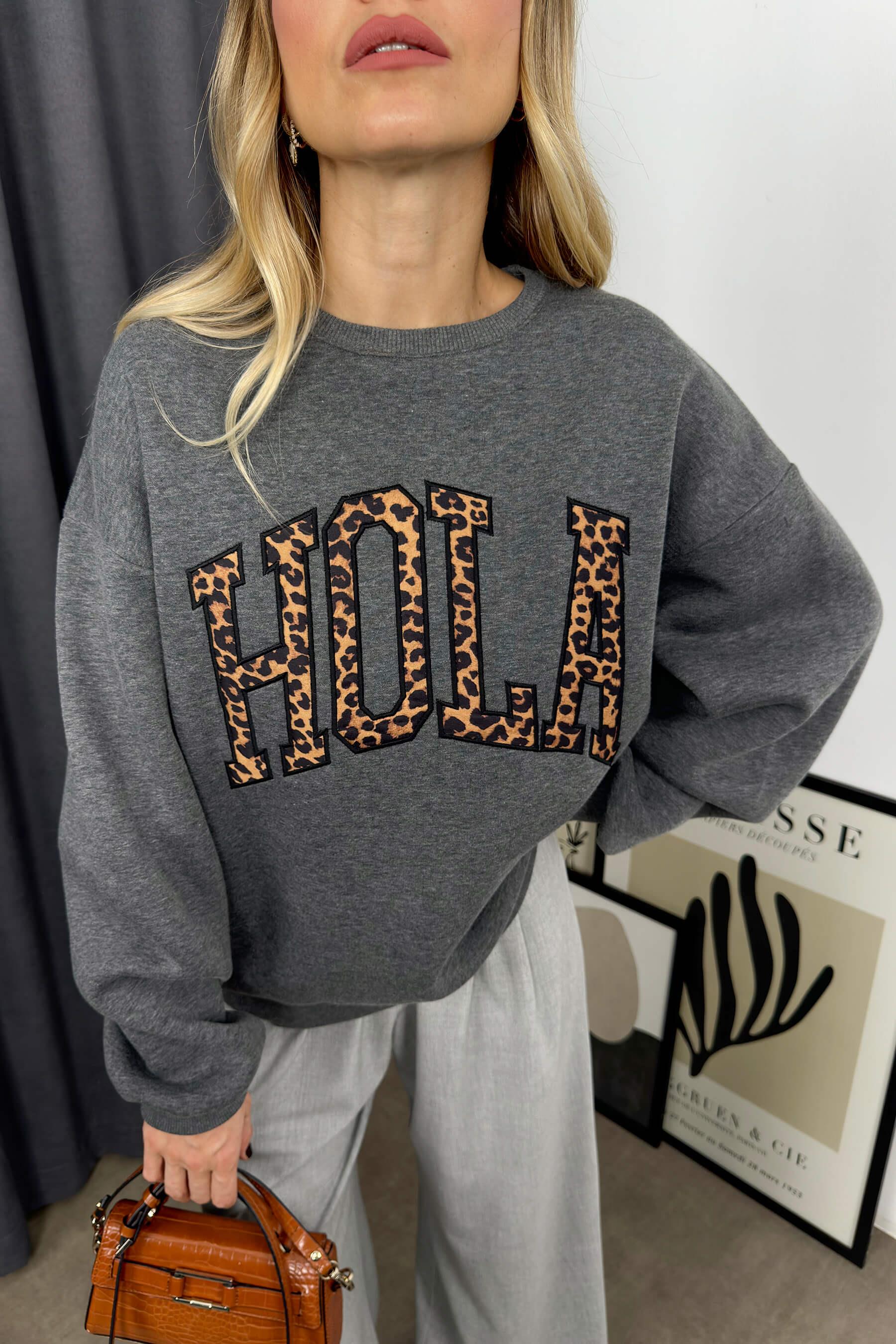 Antrasit Leopar Yazılı Oversize Sweatshirt