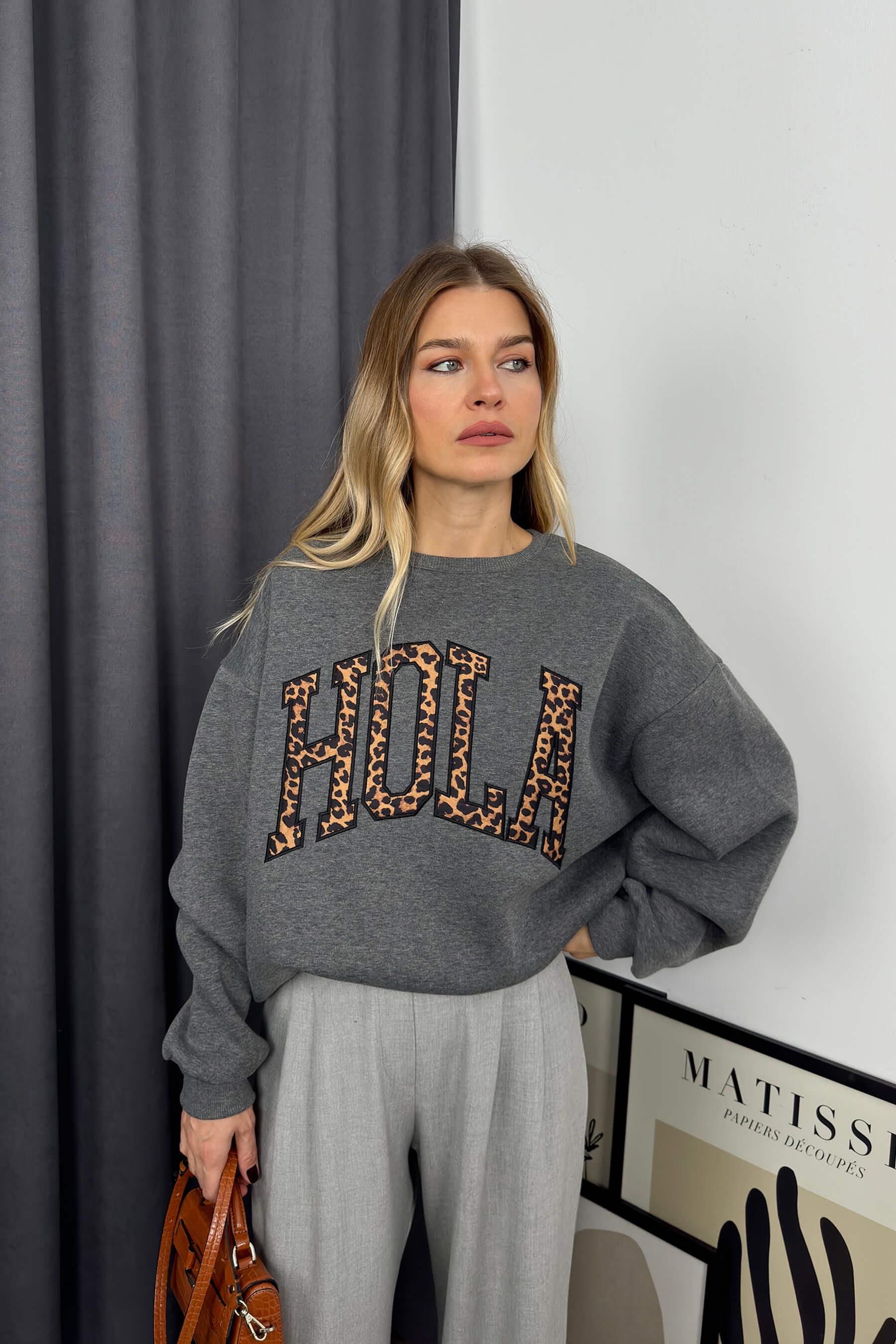 Antrasit Leopar Yazılı Oversize Sweatshirt