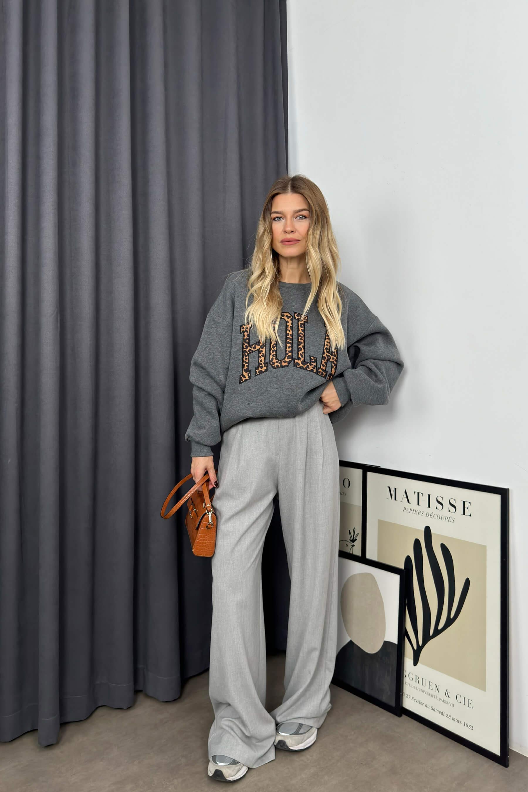 Antrasit Leopar Yazılı Oversize Sweatshirt