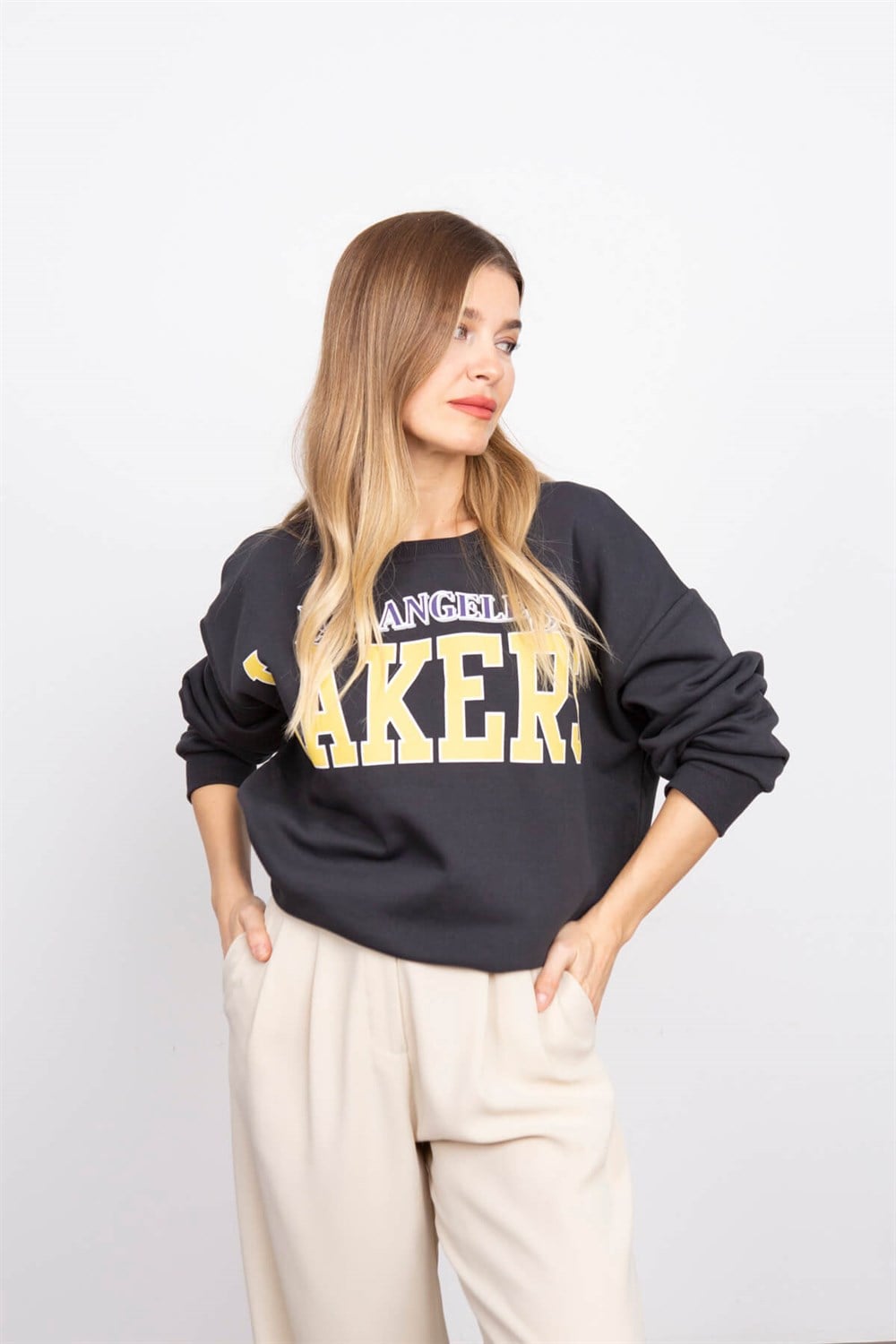 Antrasit Los Angeles Lakers Baskılı Sweatshirt