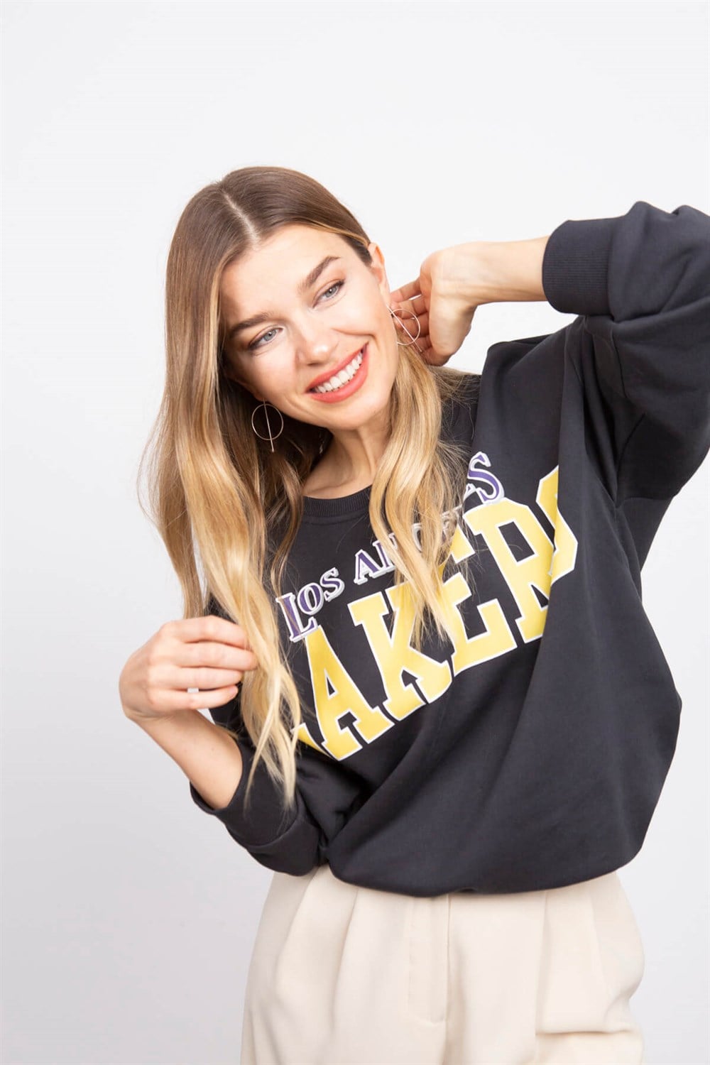 Antrasit Los Angeles Lakers Baskılı Sweatshirt