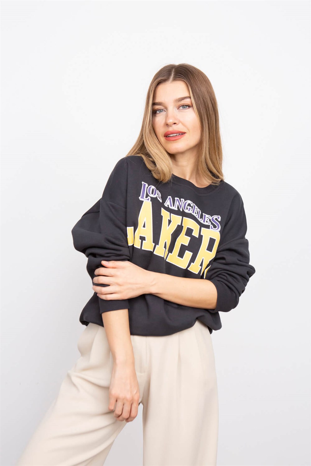 Antrasit Los Angeles Lakers Baskılı Sweatshirt