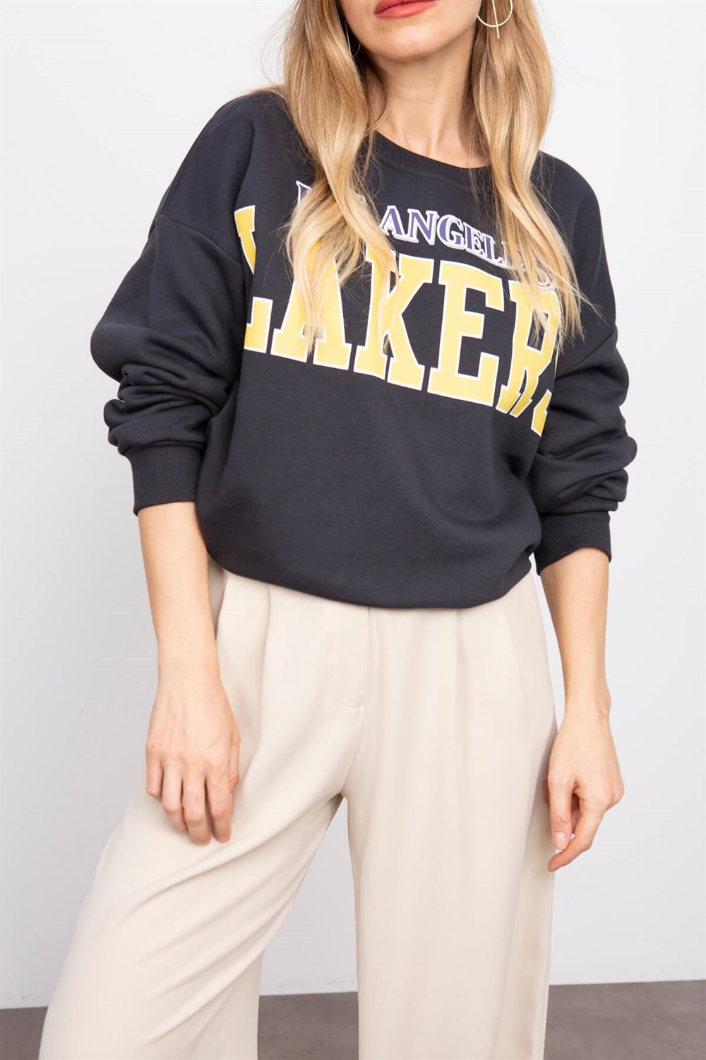 Antrasit Los Angeles Lakers Baskılı Sweatshirt