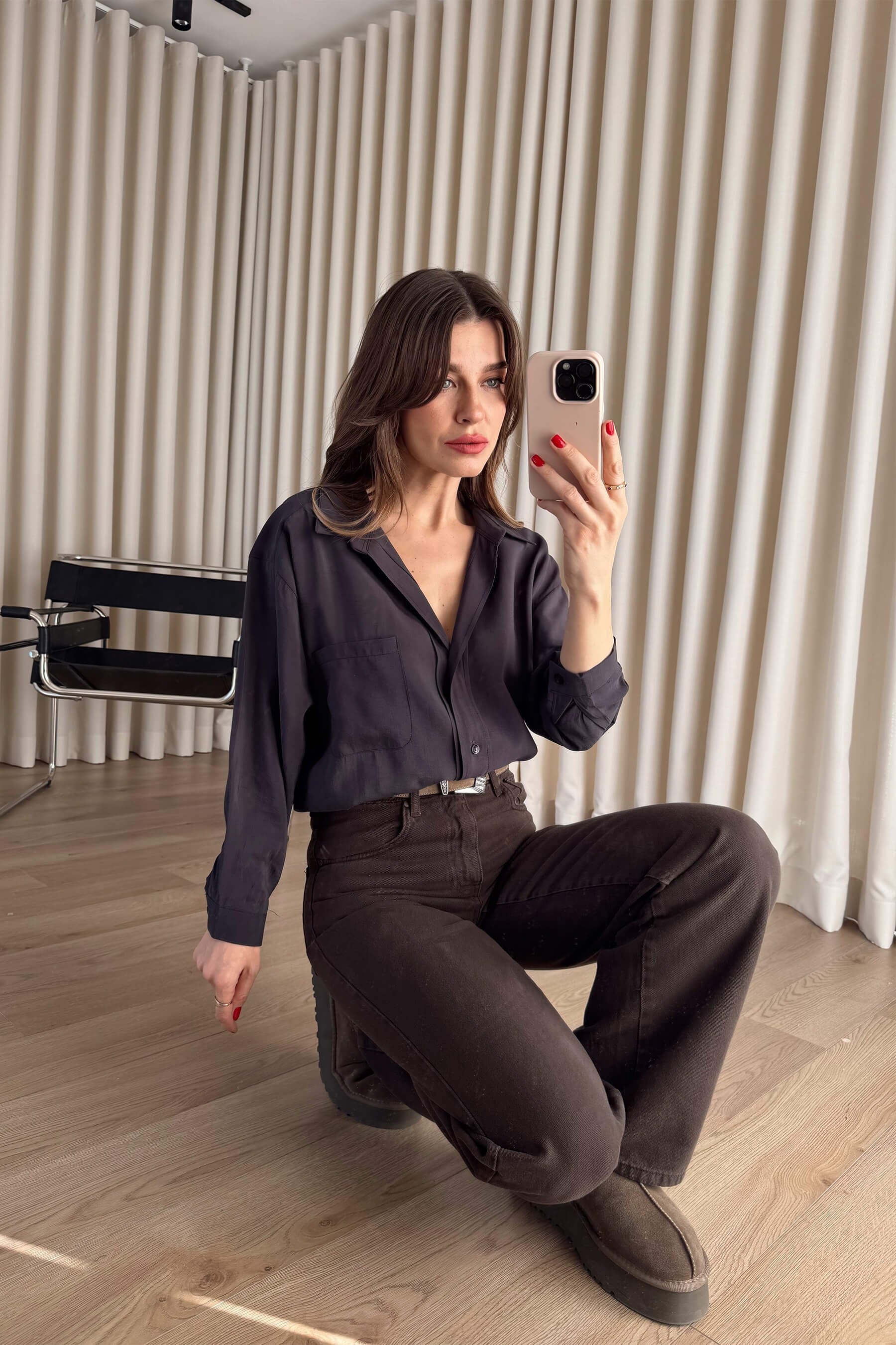 Antrasit Oversize Modal Kumaş Gömlek