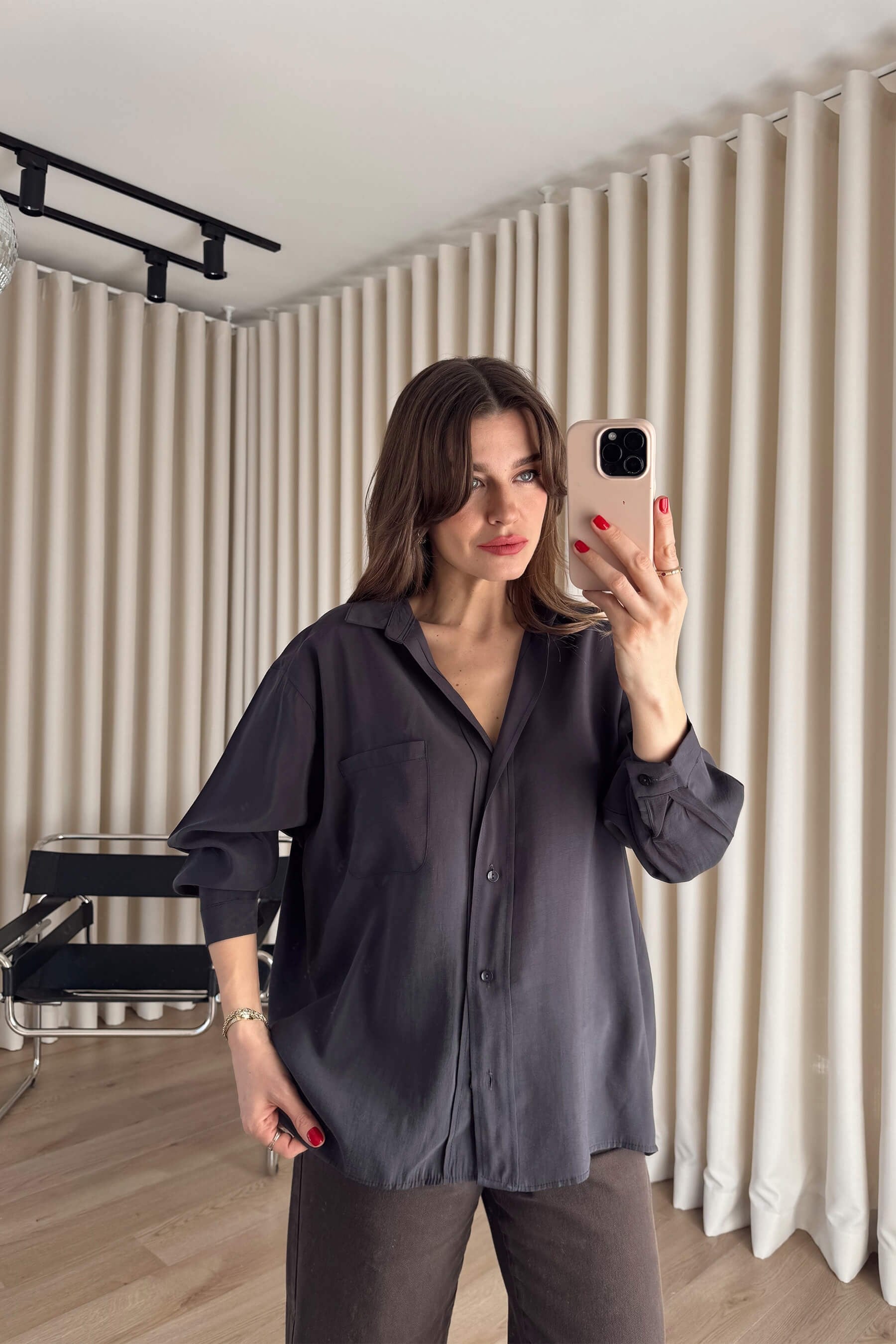 Antrasit Oversize Modal Kumaş Gömlek