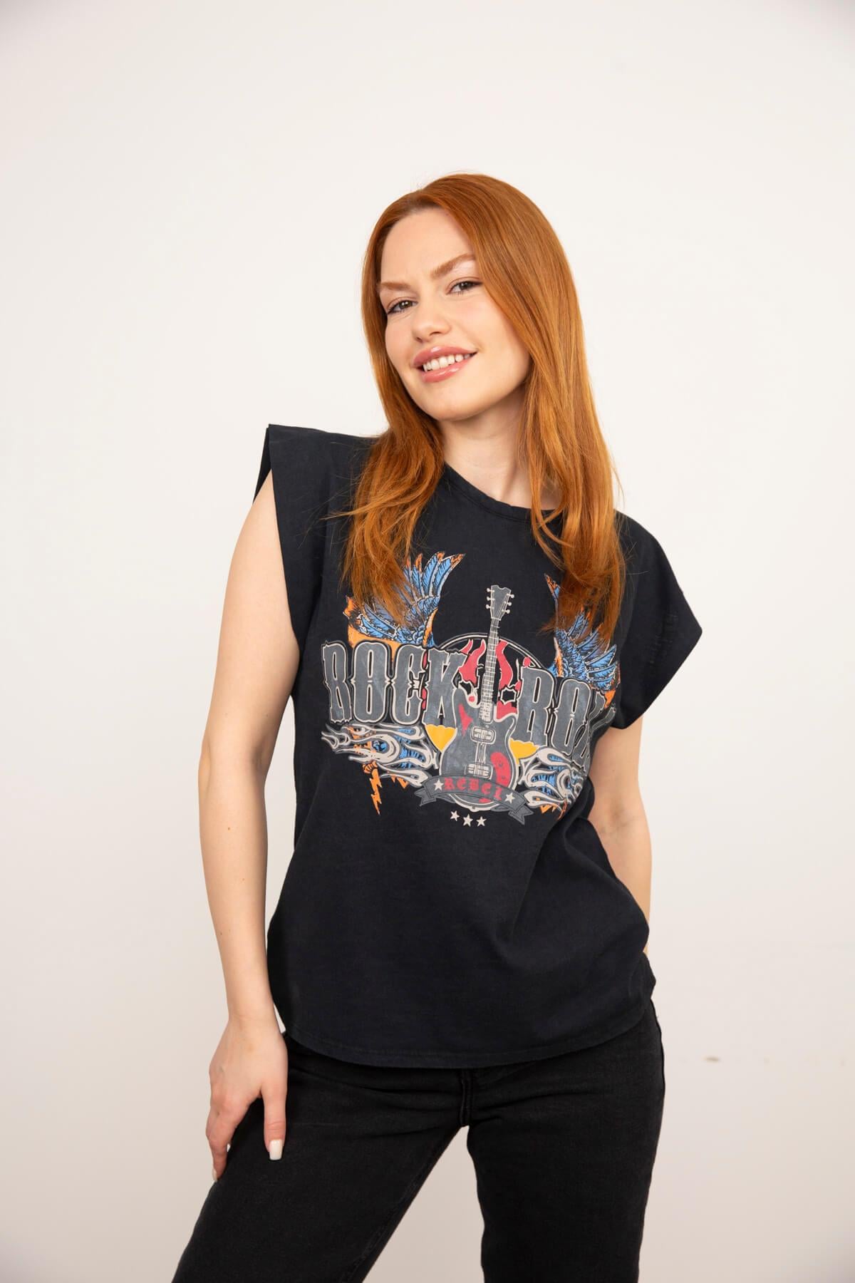 Antrasit Rock N Roll Baskılı Sıfır Kol T-Shirt