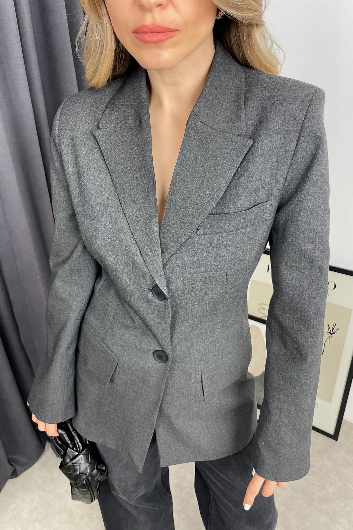 Antrasit Vatkalı Düğmeli Astarlı Blazer Ceket