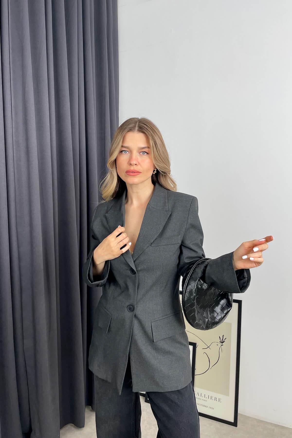 Antrasit Vatkalı Düğmeli Astarlı Blazer Ceket