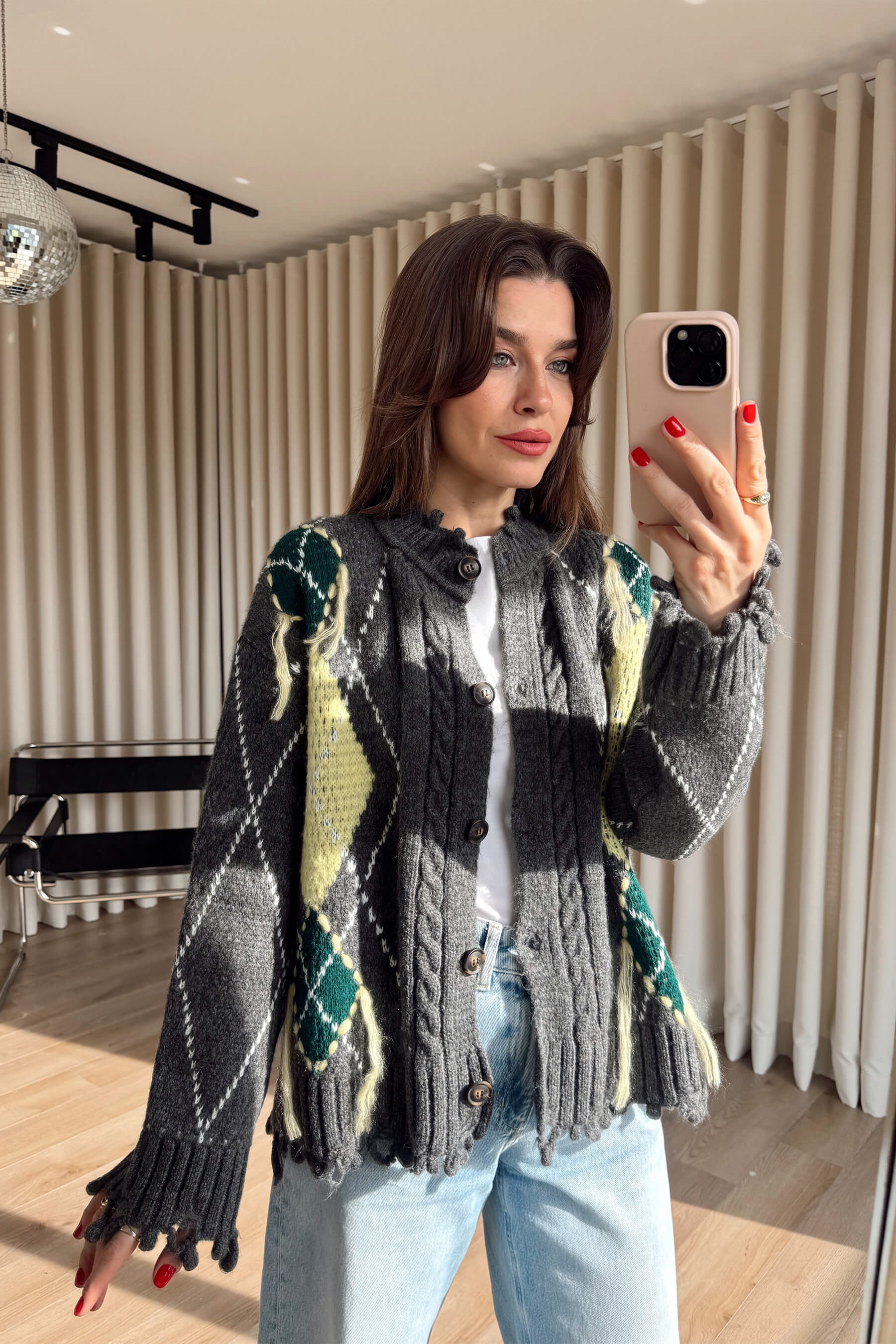 Antrasit Yeşil Saçaklı Hırka