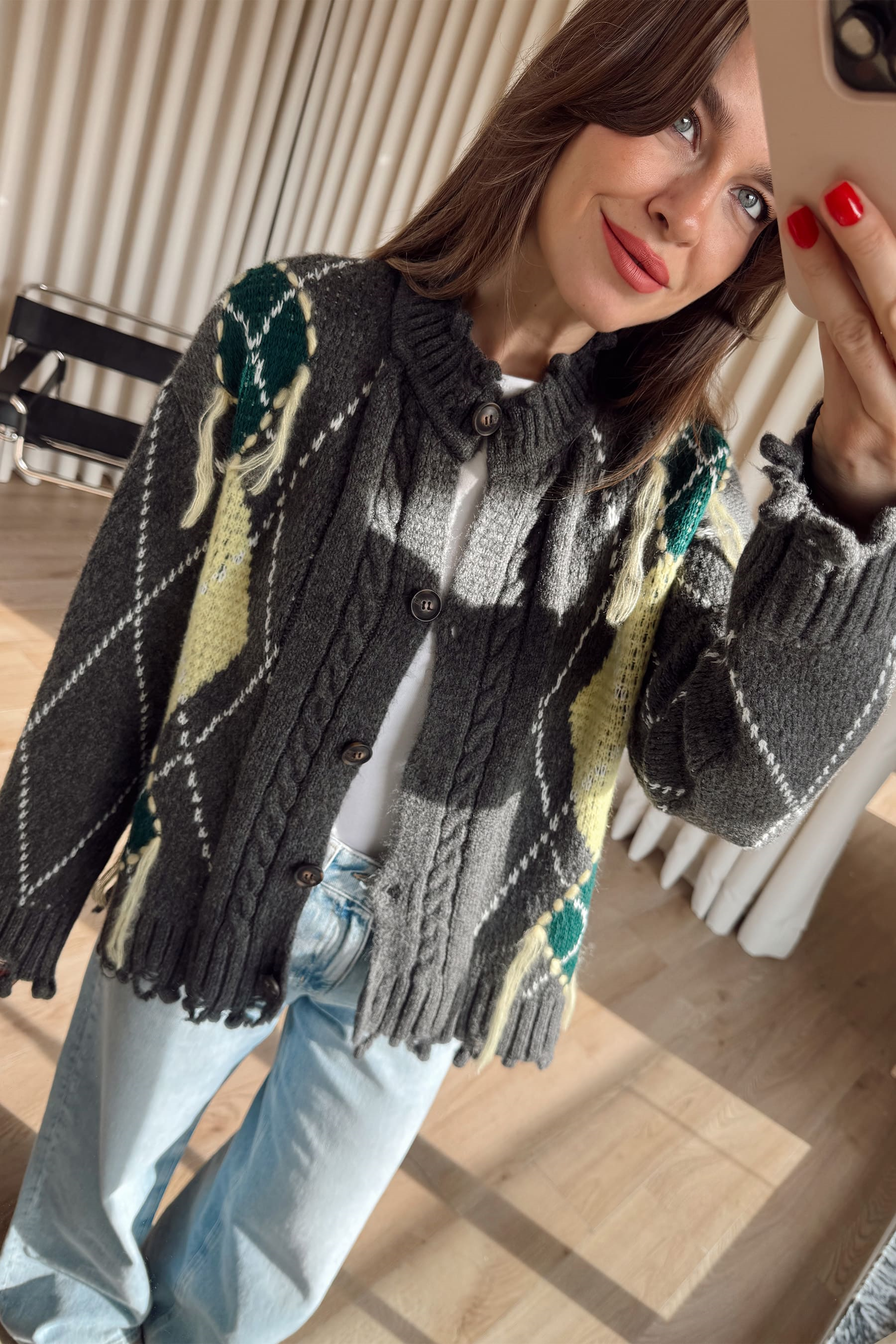 Antrasit Yeşil Saçaklı Hırka