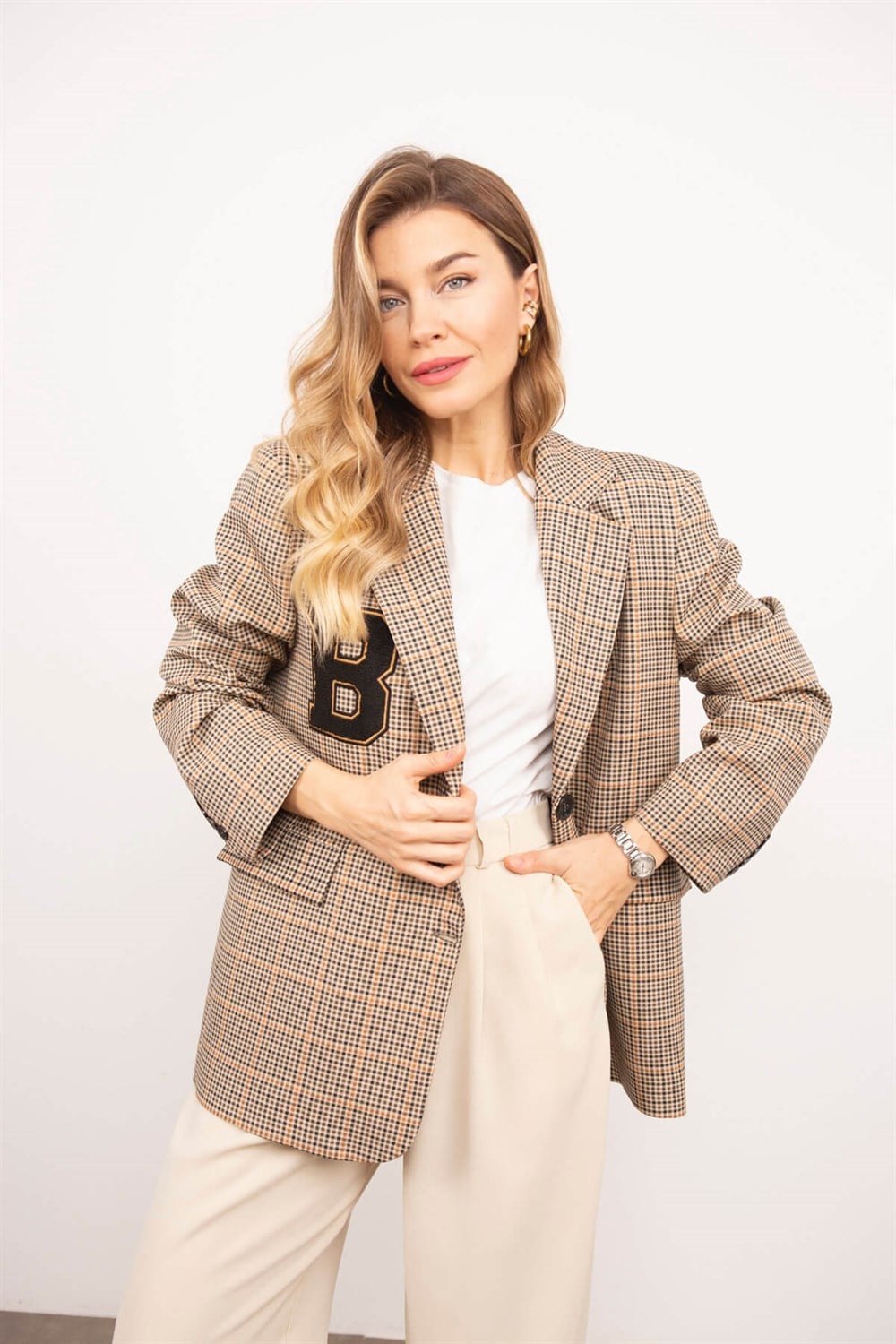 B Harf Nakışlı Astarlı Blazer Ceket