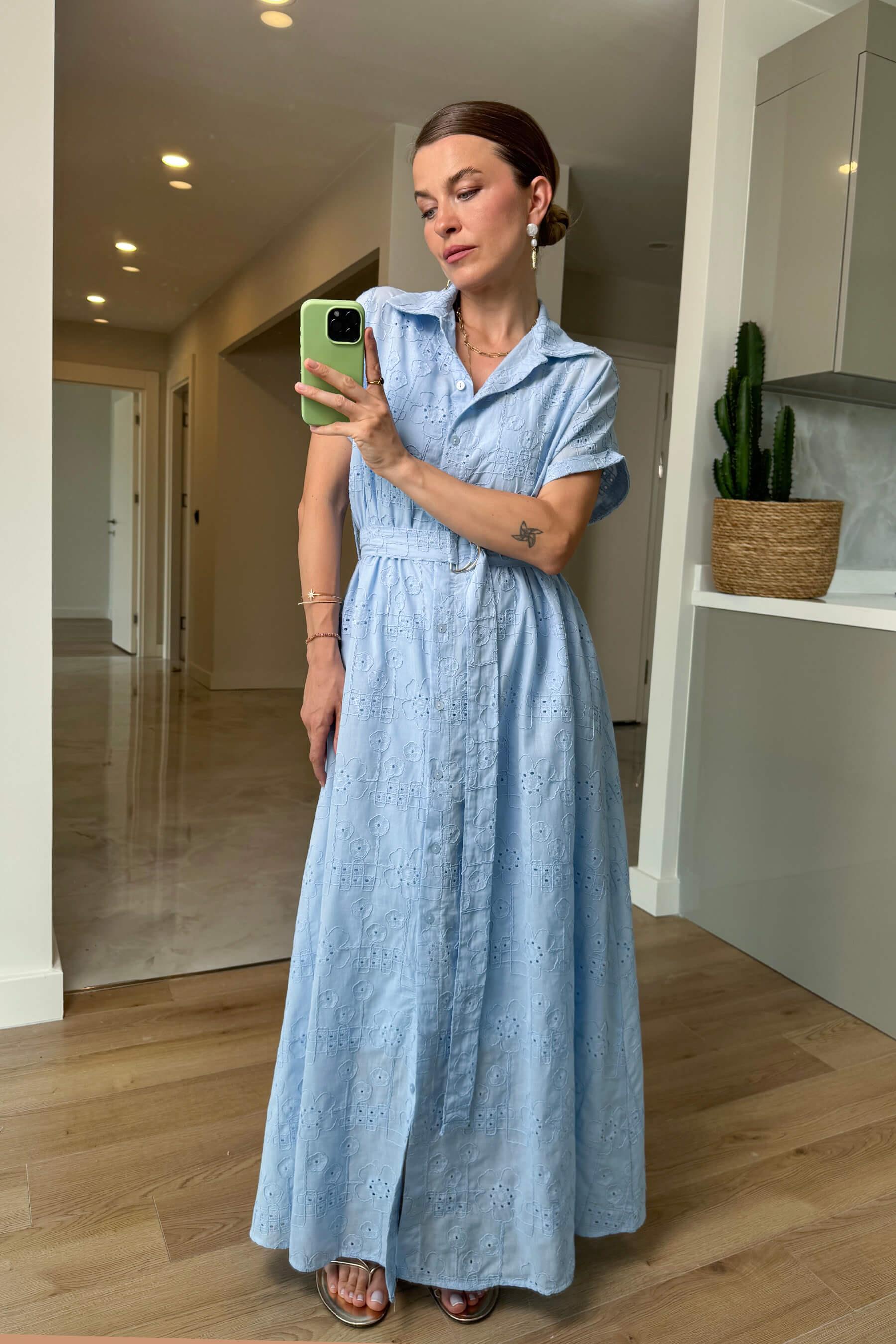 Bebe Mavisi Astarlı Kemerli Fisto Gömlek Elbise