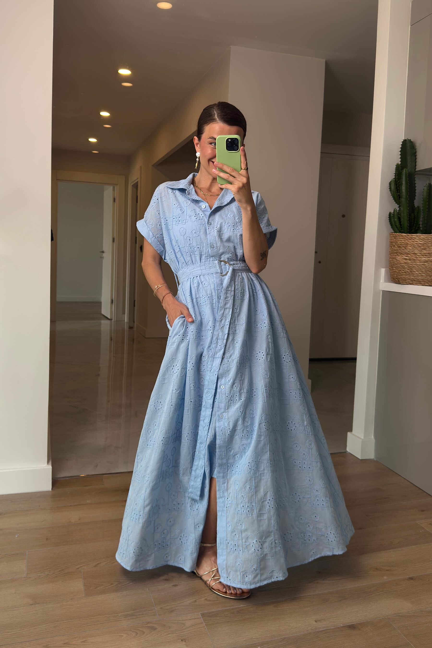 Bebe Mavisi Astarlı Kemerli Fisto Gömlek Elbise