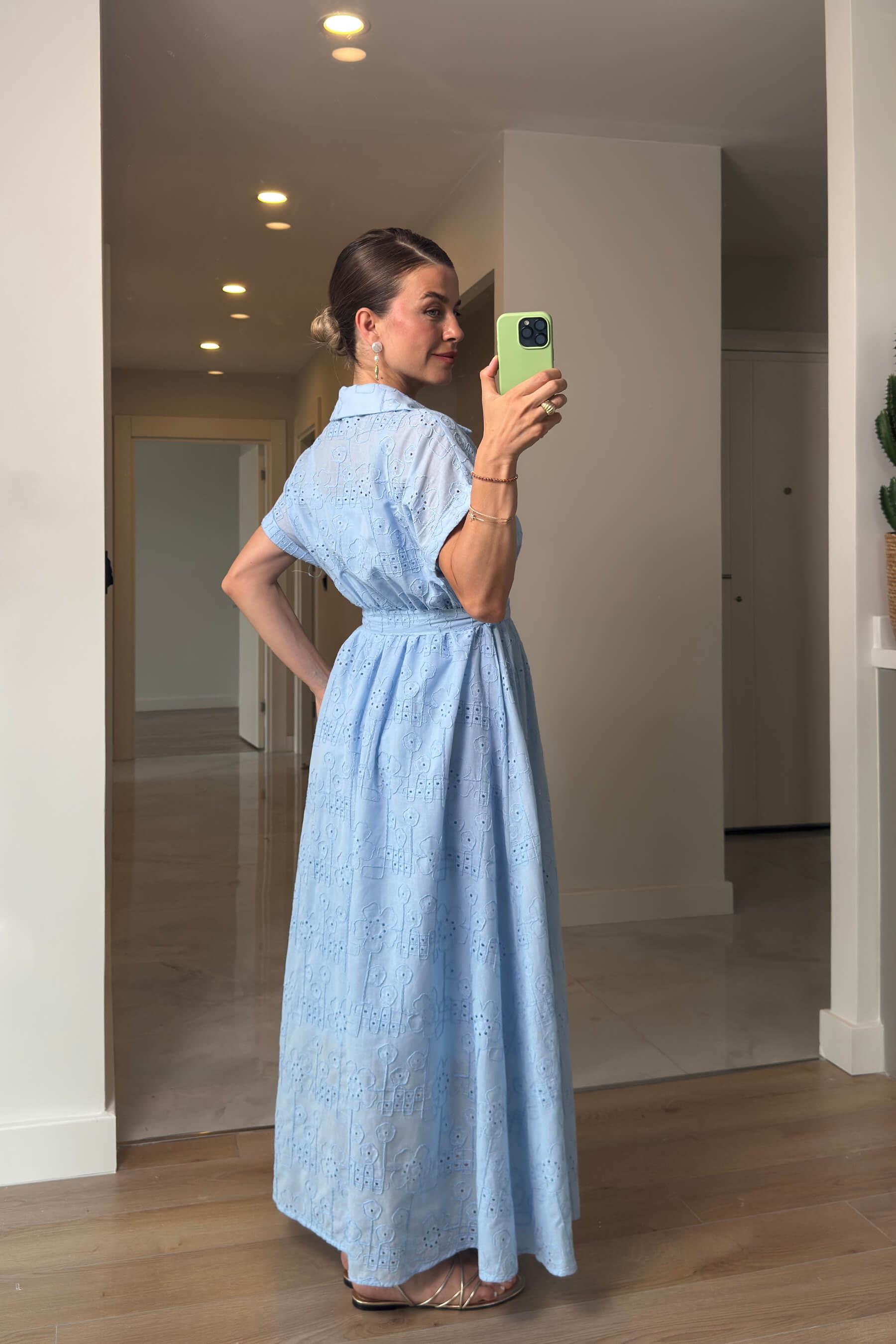 Bebe Mavisi Astarlı Kemerli Fisto Gömlek Elbise