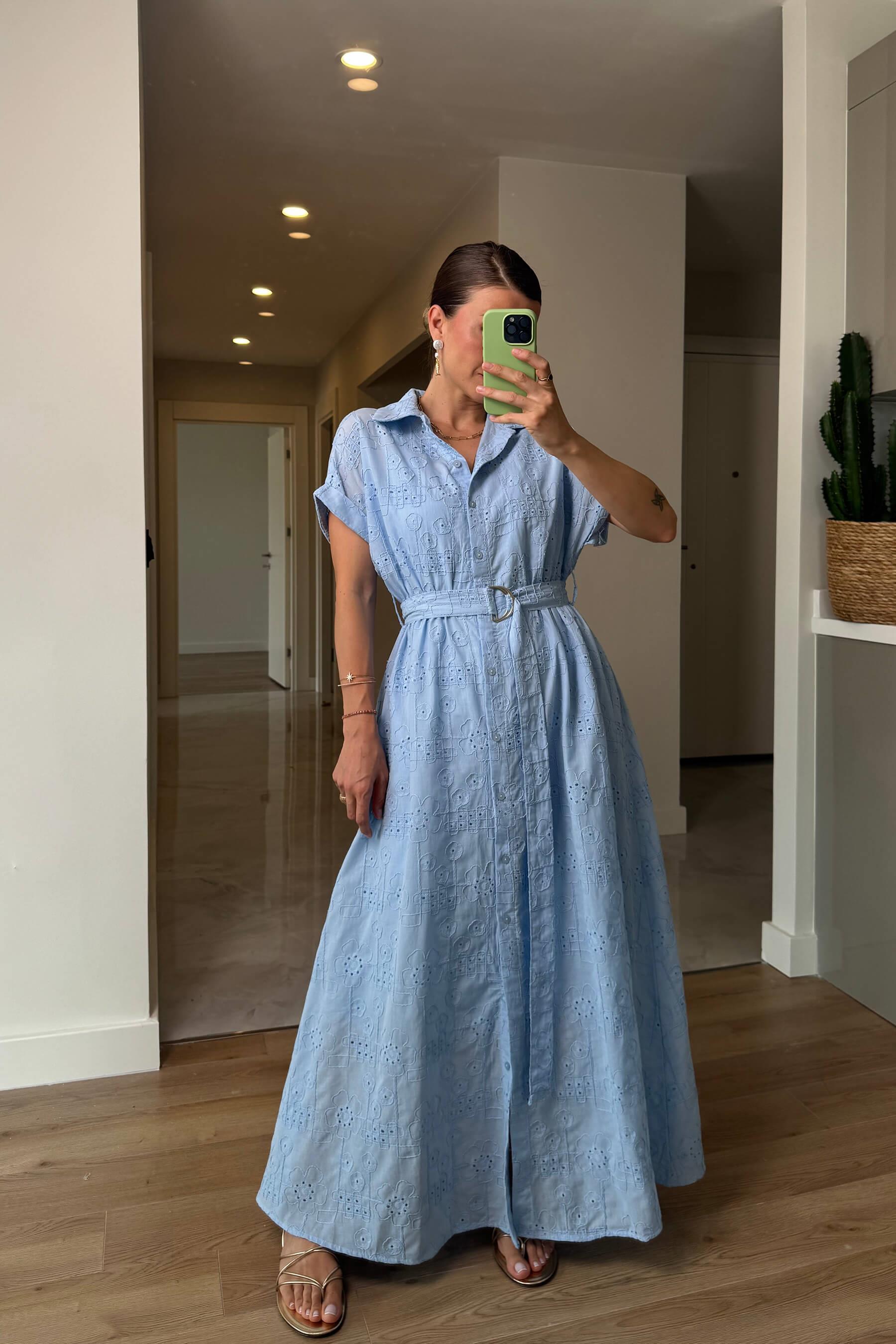 Bebe Mavisi Astarlı Kemerli Fisto Gömlek Elbise