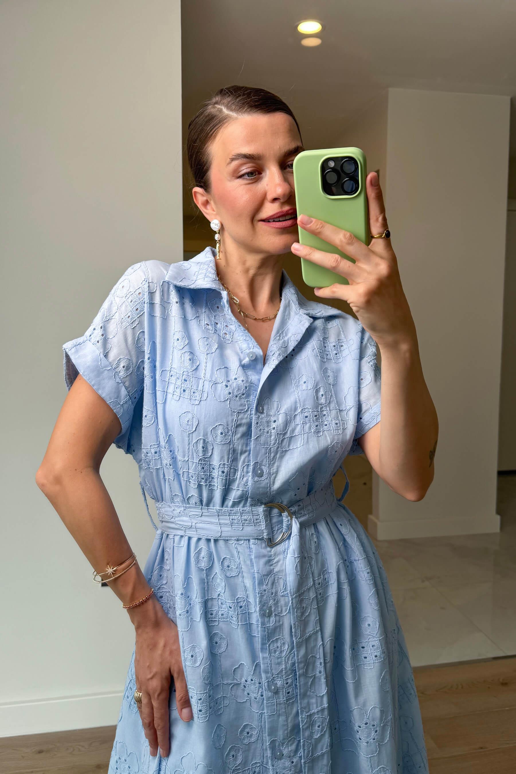 Bebe Mavisi Astarlı Kemerli Fisto Gömlek Elbise